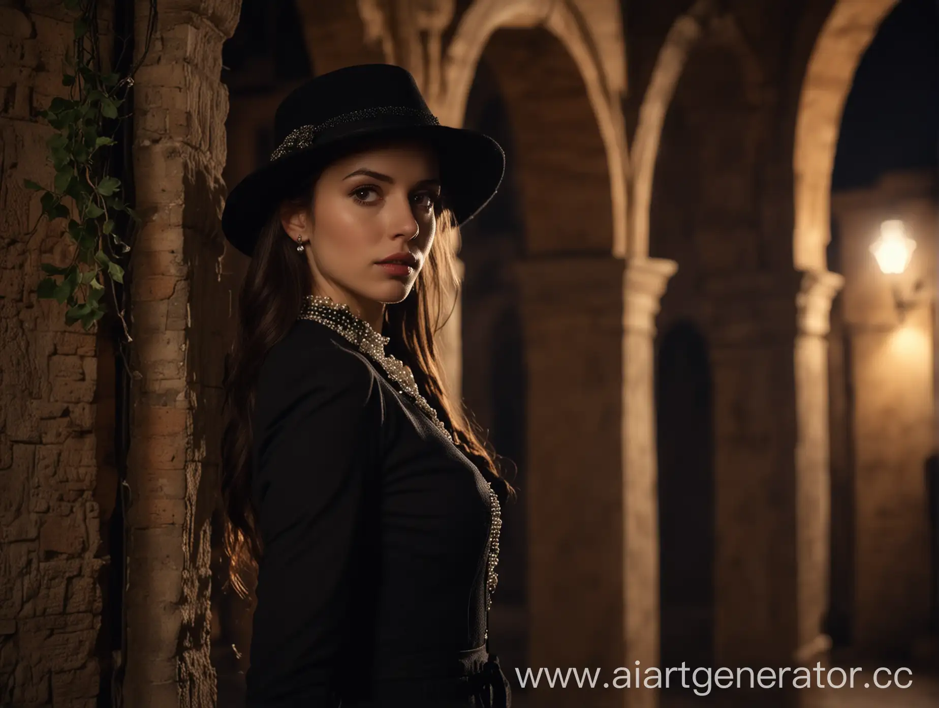 Cinematic still image, , heroine thief, old Italian street background, weathered arches, vineyards in soft focus, elegant dress decorated with pearls, black suit, fedora, old castle, symbolic props, dramatic shadow play, emotional tension, romantic atmosphere, chiaroscuro night lighting, delicate vine patterns, 35 mm, depth of field, back lighting