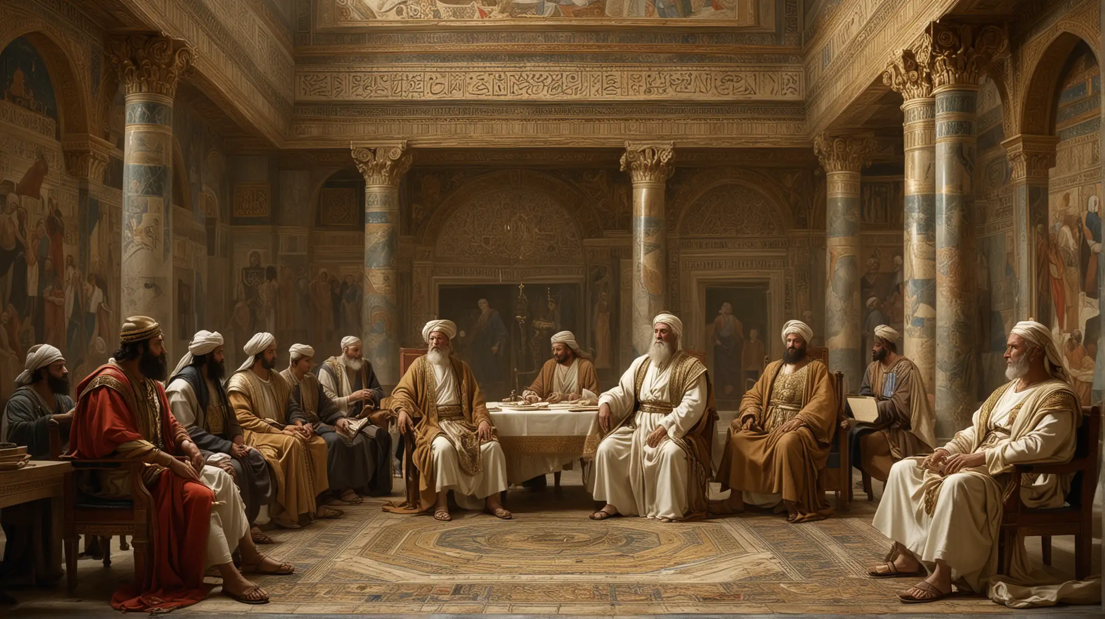Amidst the opulent halls of his palace, Solomon sits in deep conversation with emissaries from distant lands. His expression is one of shrewd diplomacy, as he negotiates treaties and alliances that will secure peace and prosperity for his kingdom. Around him, maps unfurl, depicting the vast network of trade routes and diplomatic ties that Solomon has cultivated. This image encapsulates Solomon's strategic foresight and his commitment to building friendships beyond Israel's borders, laying the foundation for a legacy of peace and cooperation that transcends cultural divides.
