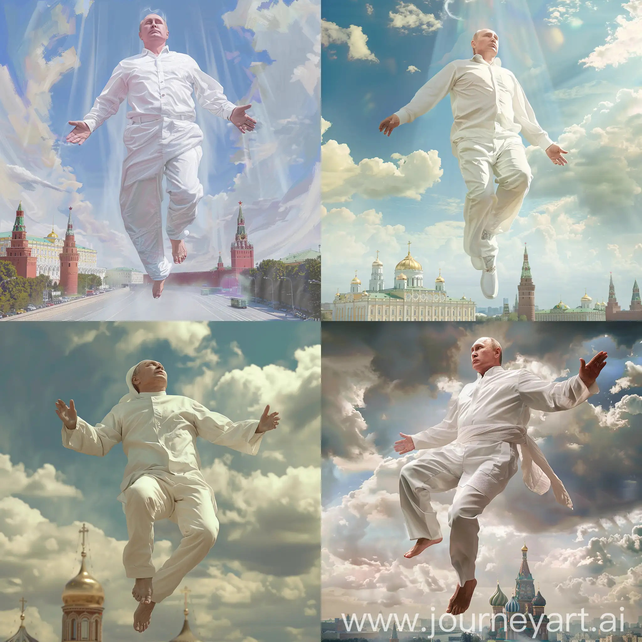 Владимир Путин в белой одежде образ бога, парит в воздухе, задний фон москва, рыбий глаз, 8к, гипер реализм. максимум деталей