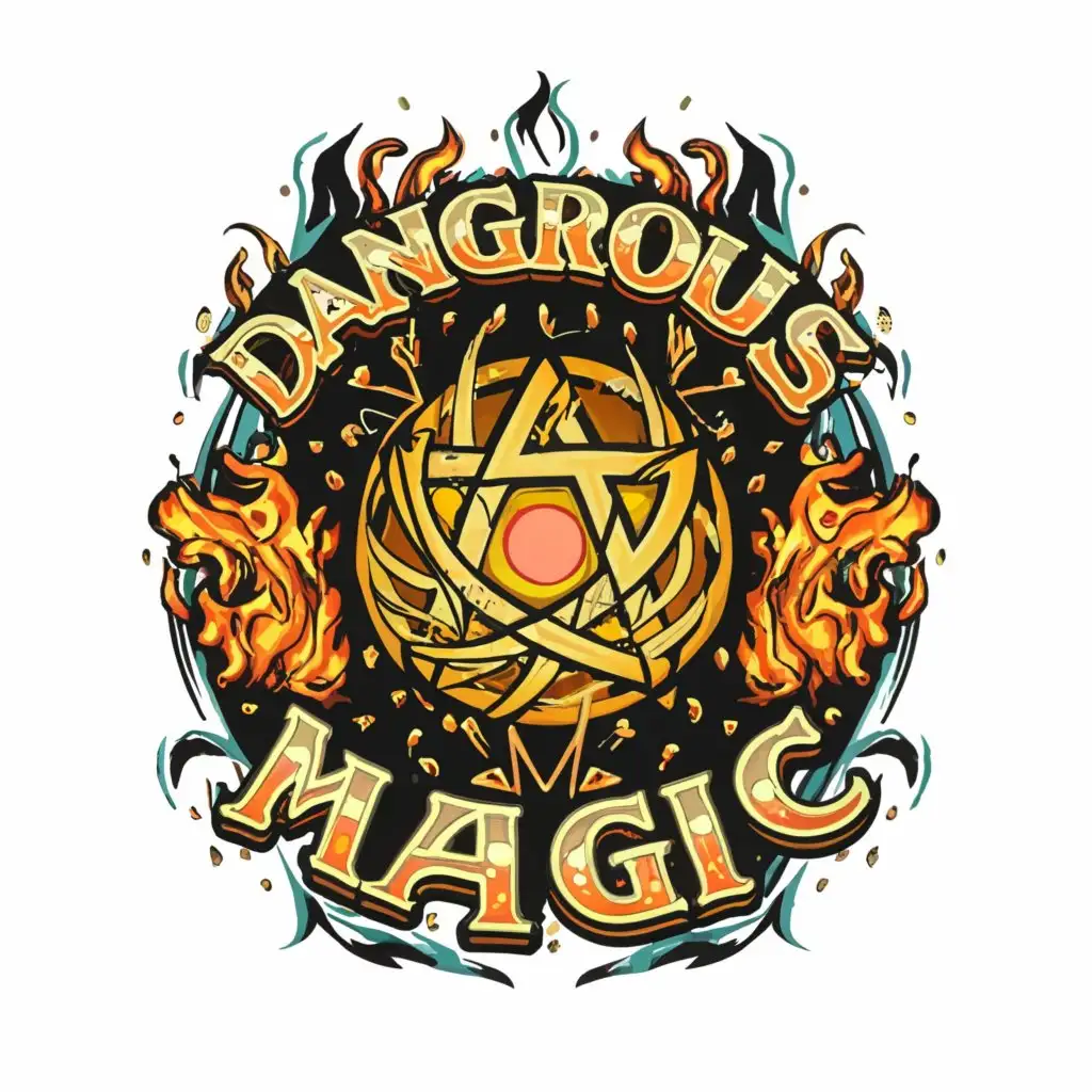 a logo design,with the text "Dangerous magic", main symbol:The magic ball, the magical pentagram, the magic of fire and earth elements,complex,clear background