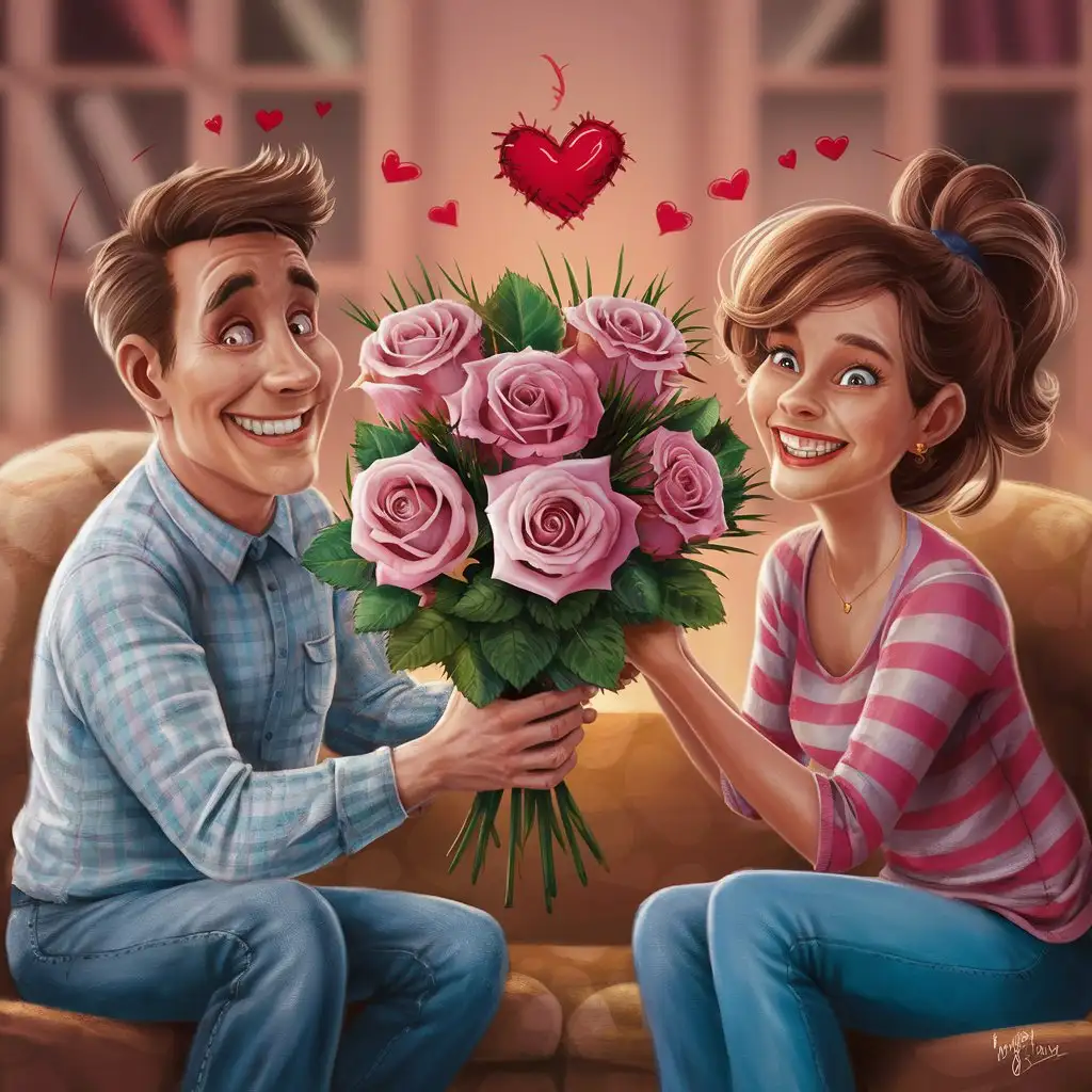 A realistic and very humorous scene in a cozy living room, where a husband hands his wife a beautiful bouquet of roses. The wife looks at the roses with a smile, noticing the thorns, while the husband smiles contentedly. In the background there is a small red heart that adds all the charm. The characters are casually dressed and look happy, creating a very fun and warm atmosphere.
