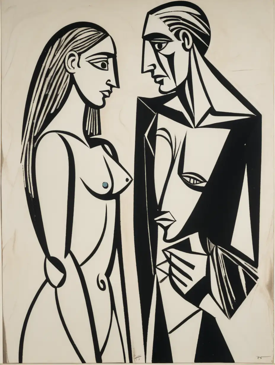 Man and Woman in Picasso Style Facing Each Other with Bowed Heads