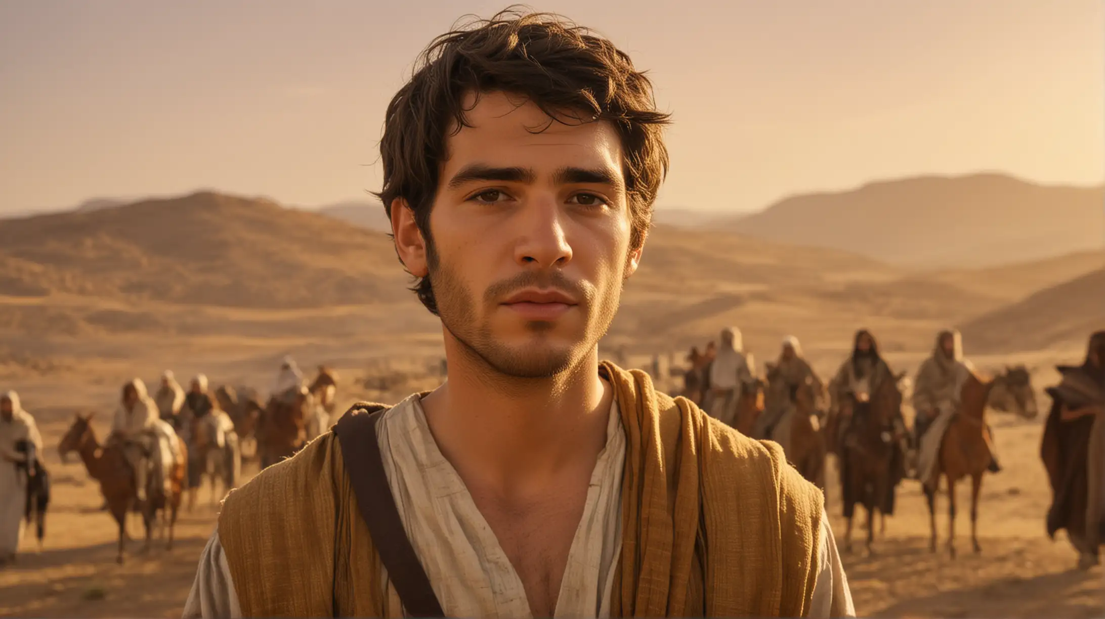 a closeup of Ezra from the Bible, standing on a desert hilly area, with a group of people following behind him.  and a beautiful golden sky.