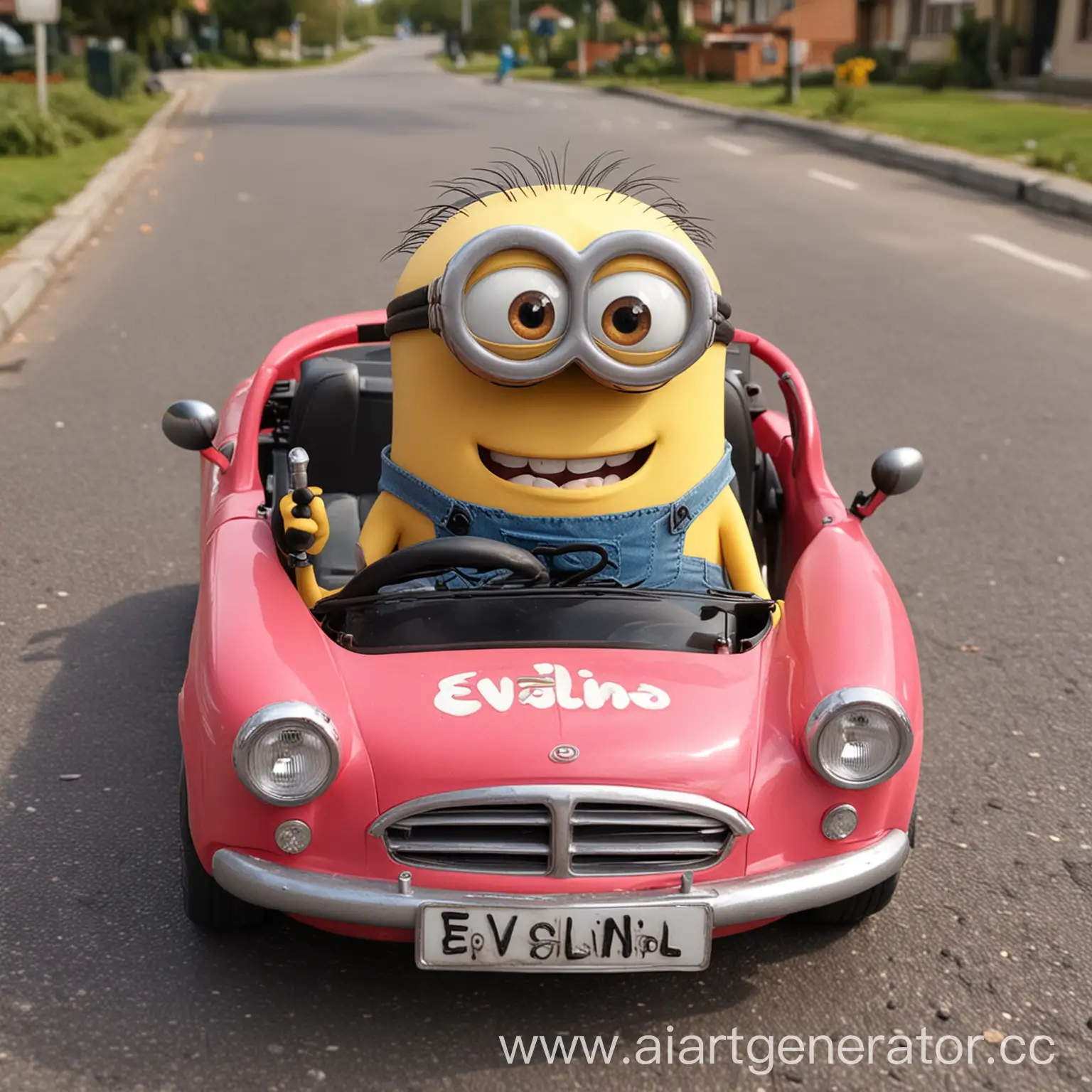minion in a car with a car number in the form of the name Evelina