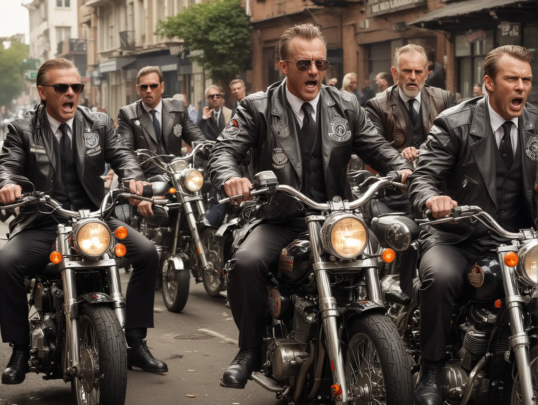 A group of angry middleaged male lawyers riding motorcycles. They are wearing suits and leather vests with club logos printed on them.