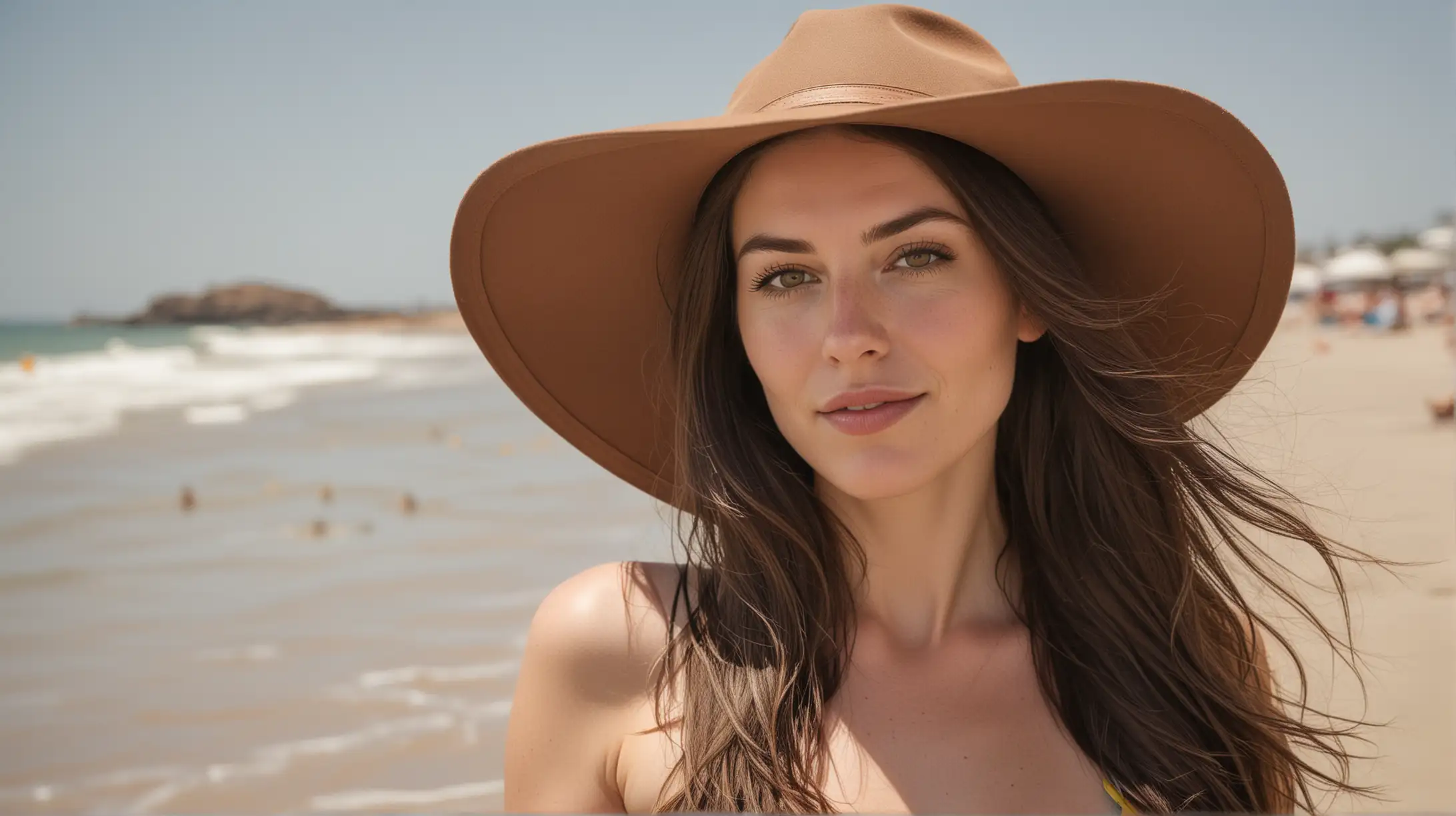 Up close shot of 30 year old pale white woman with long big chocolate brown hair parted to the right. She is wearing a hat and bikini, empty beach setting