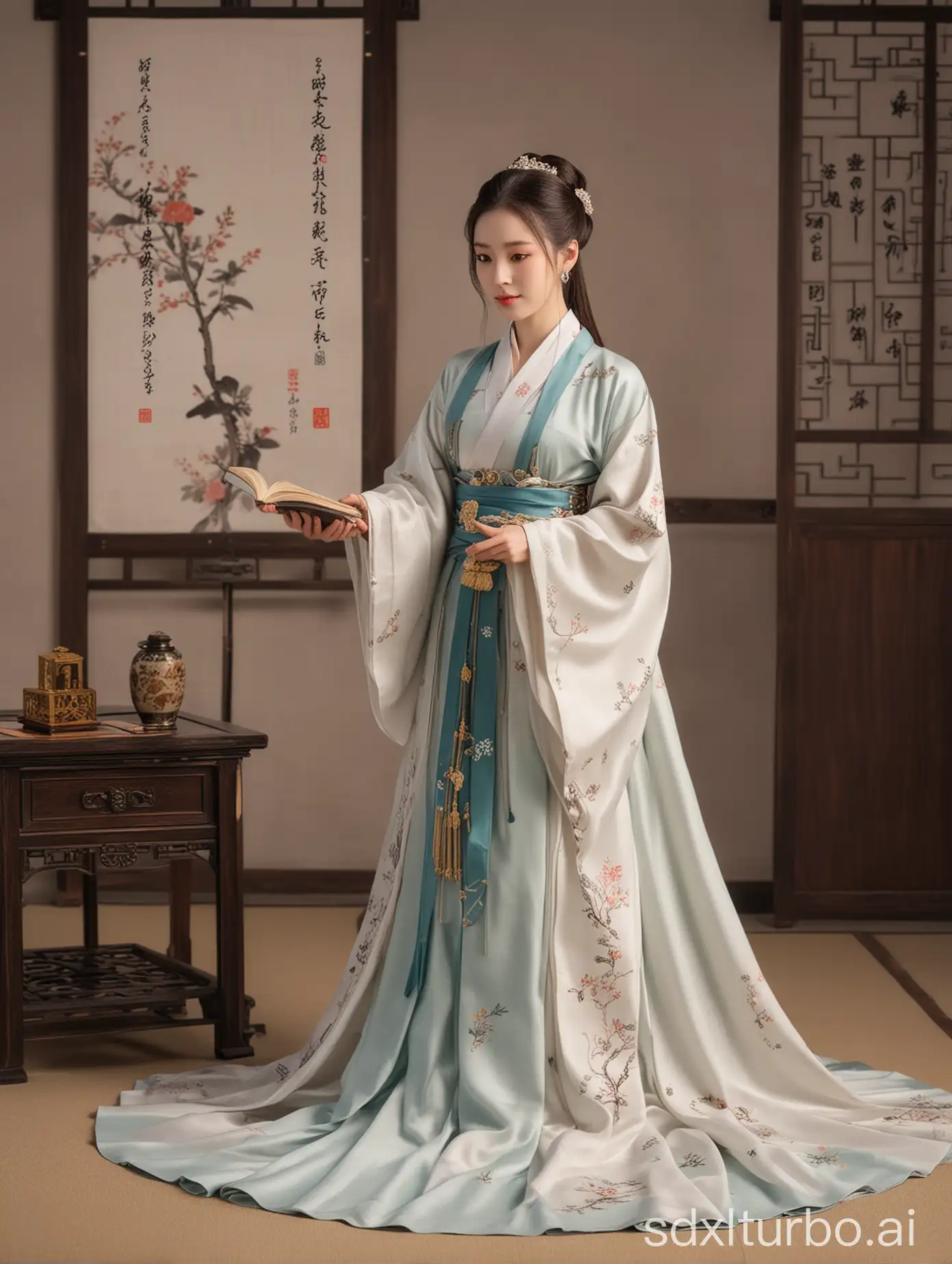 Hanfu full-body photo, various postures, high-definition quality, royal study, books with a fragrance of old.