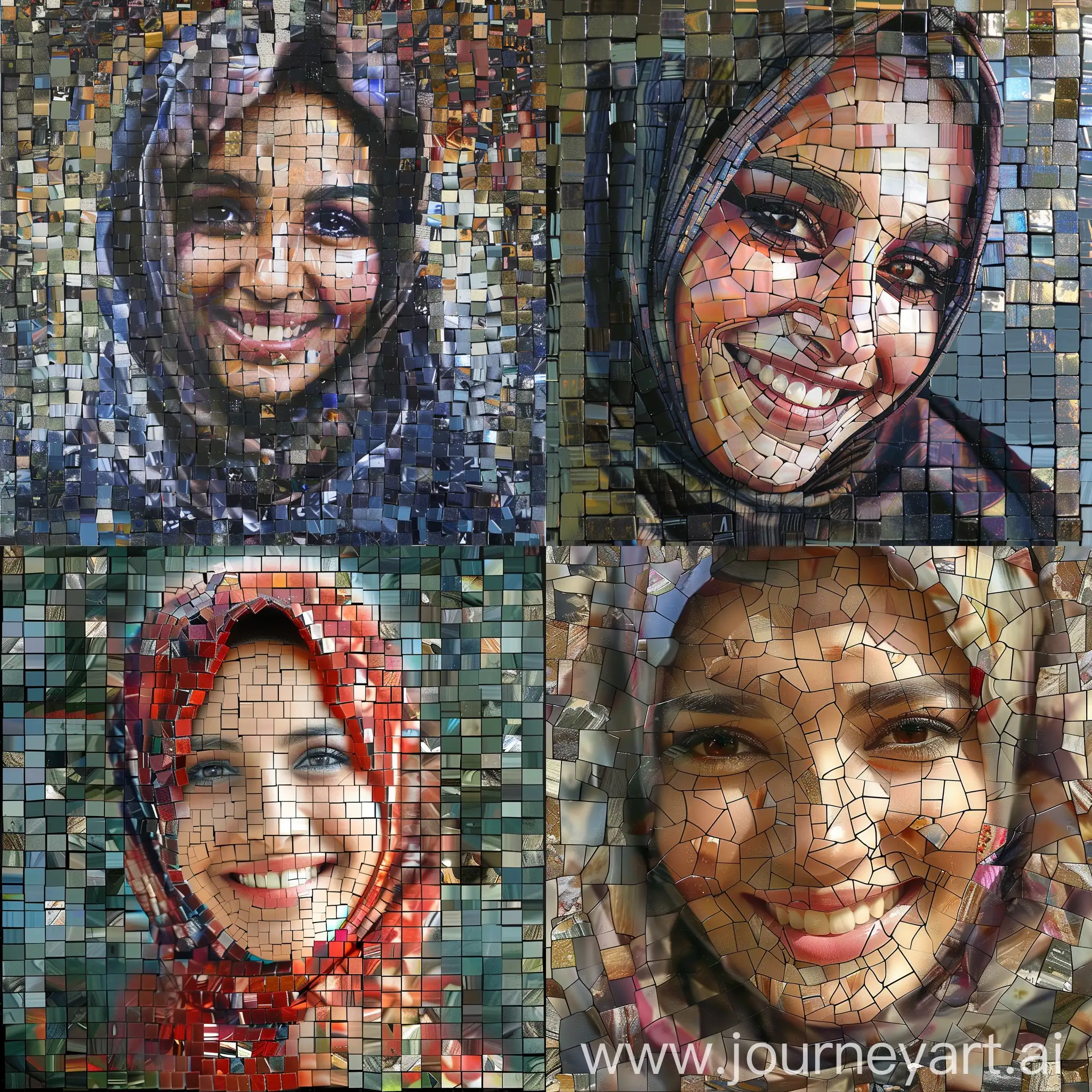 images in a grid pattern to form a larger, more coherent picture. The parts that are visible show the face, the beautiful woman wearing the hijab is smiling. This mosaic technique creates an interesting visual effect by combining fragments that are only revealed as a complete subject