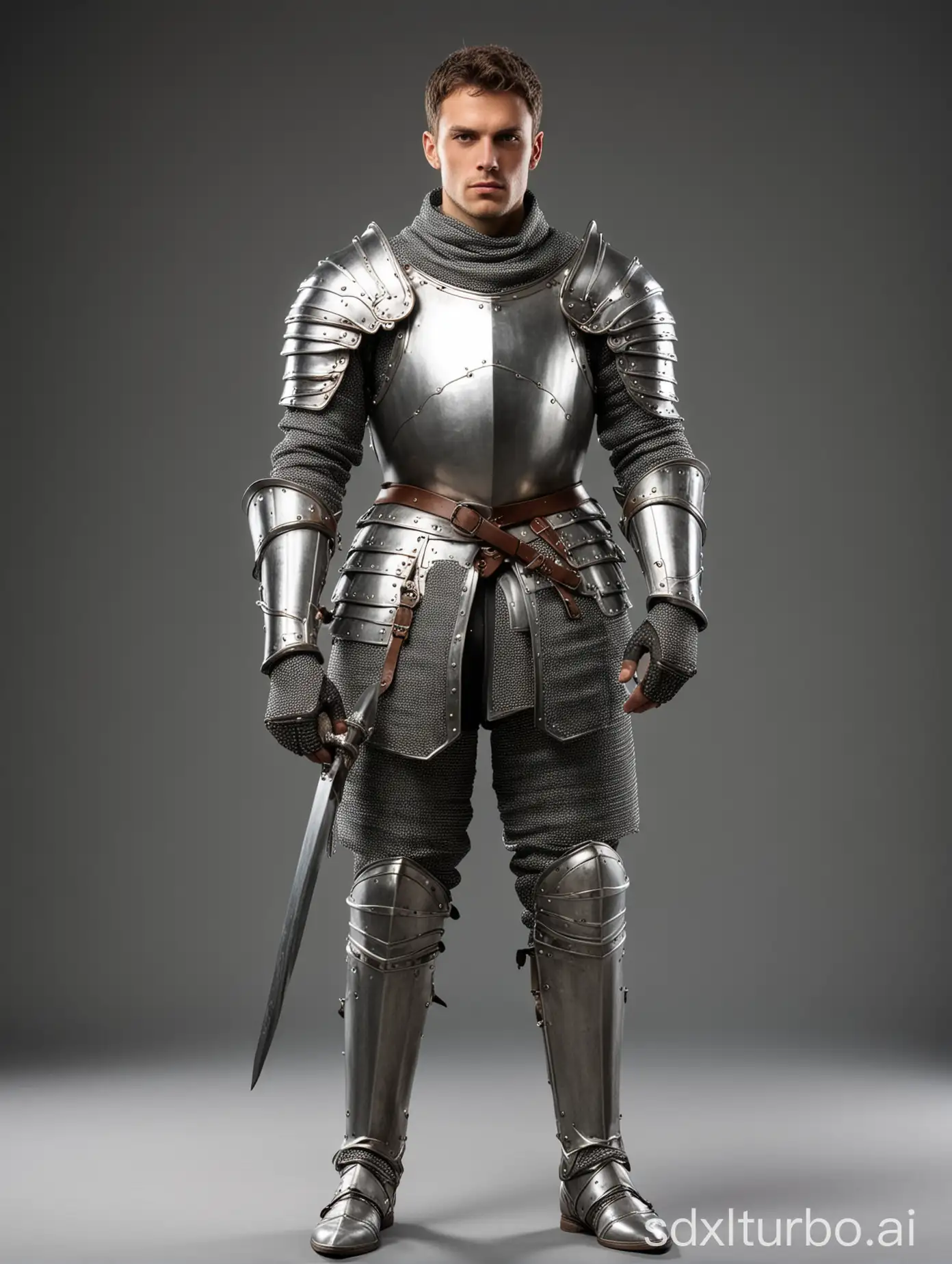Medieval knight, full body shot, wearing silver armor.