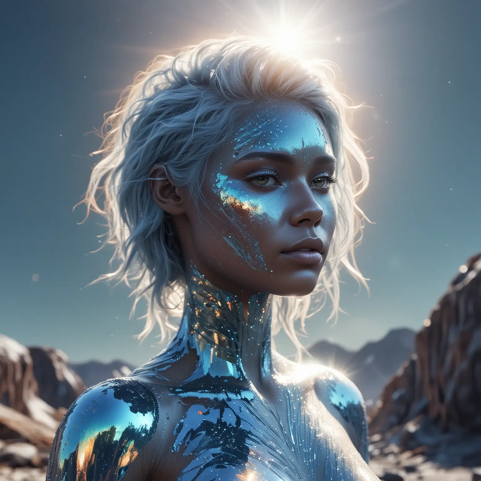 create a blue human with iridescent skin and hair standing on a crystalline celestial planet with a sun shining down on her head