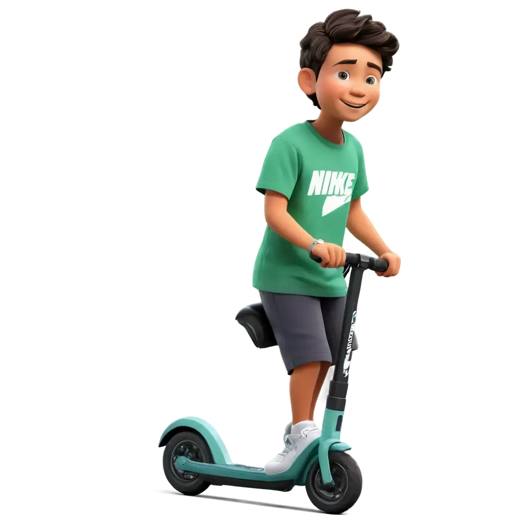 Cartoon character: a child with a Nike shirt on a scooter