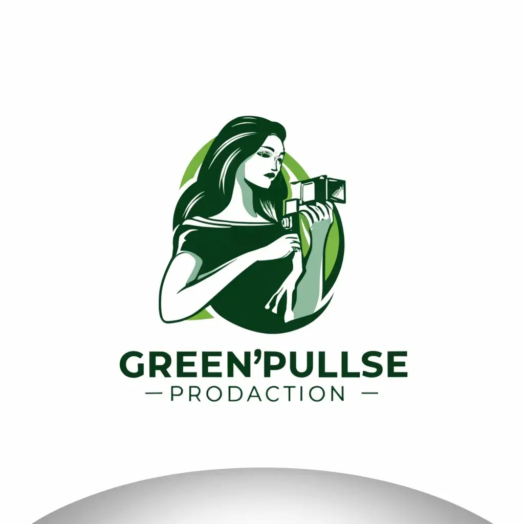 a logo design,with the text "Green'Pulse
Prodaction", main symbol:Voluminous silhouette of a girl in green and with a camera in modern style,complex,be used in Beauty Spa industry,clear background