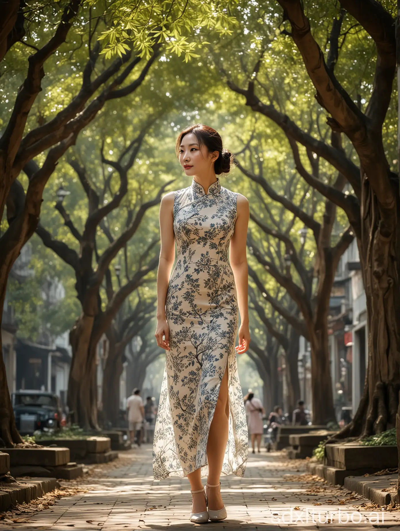 旗袍美女在老上海的梧桐树下，斑驳的树影与柔和的侧光交织，营造出一种梦幻般的婆娑光影。