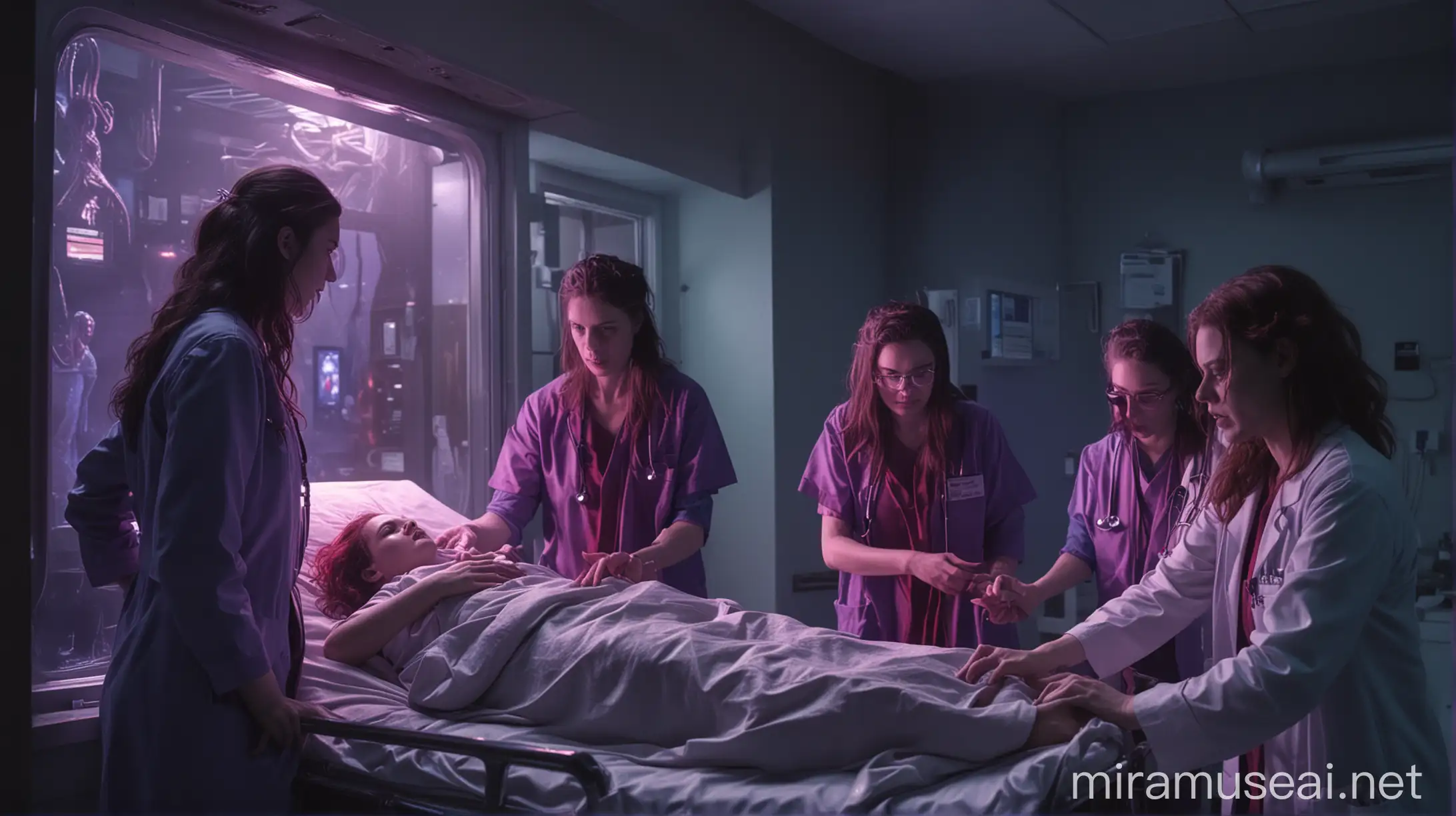 Female Doctors helping woman giving birth to lovecraftian being, city window, hospital, purple + red + blue, indirect lighting, realistic, 4k, cosmic horror, action