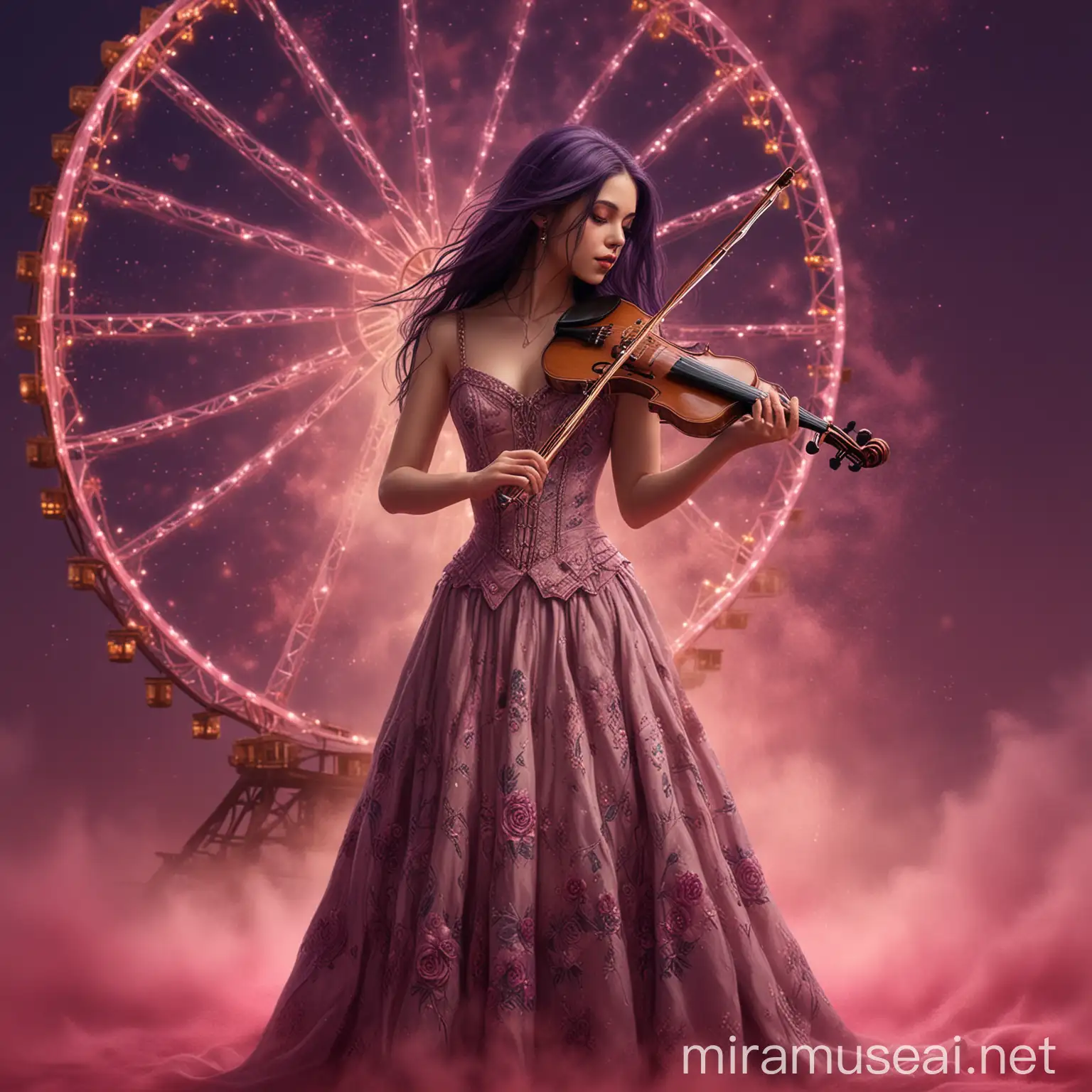 Elegant Woman Playing Violin on Pink Dust with Ferris Wheel Background
