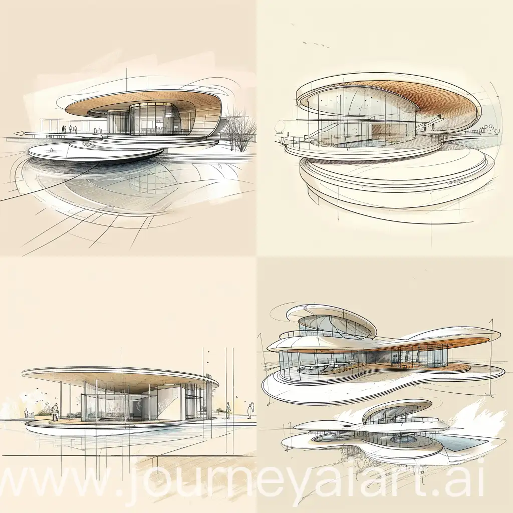 Industrial architectural design, concept sketch, [natatorium], a design with ultra-modern, modern, environmentally friendly, technological, multi-functional features, as well as the design of the outer ring of the pavilion, multi-view drawing, modern minimalism, clean lines, light beige background, -- 3:4 -- v 6.0