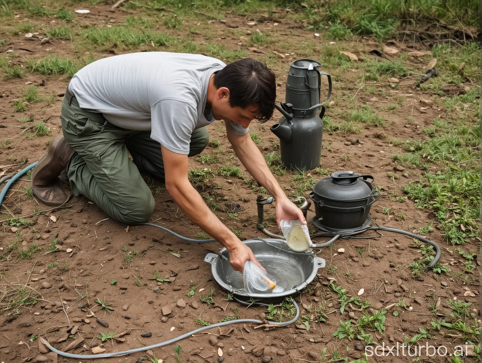 After the man finished eating, he washed the tableware with a hose in the wild.