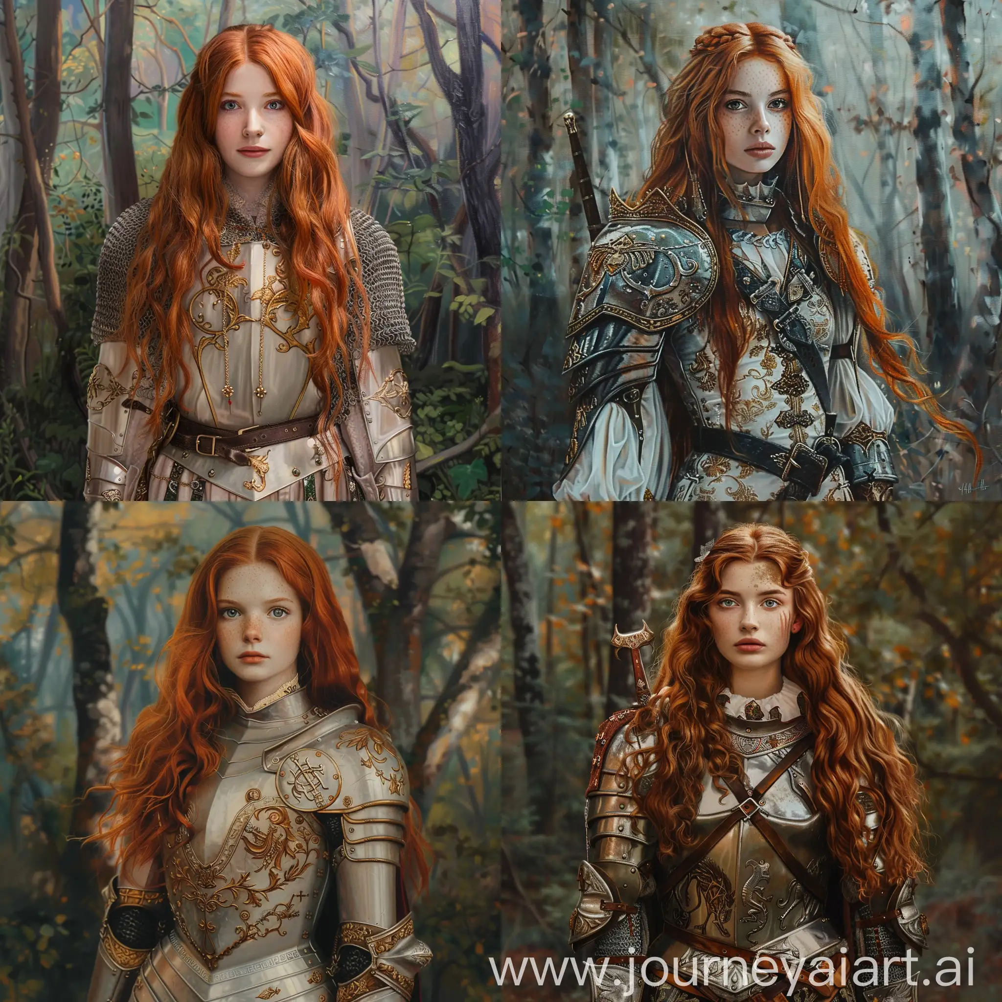 Красивая и прекрасная 20 летняя девушка  с длинными красными волосами в костюме рыцаря, стоит в полный рост на фоне леса , ультра детализированное и качественное фото, нарисовано маслом и красками, живопись 