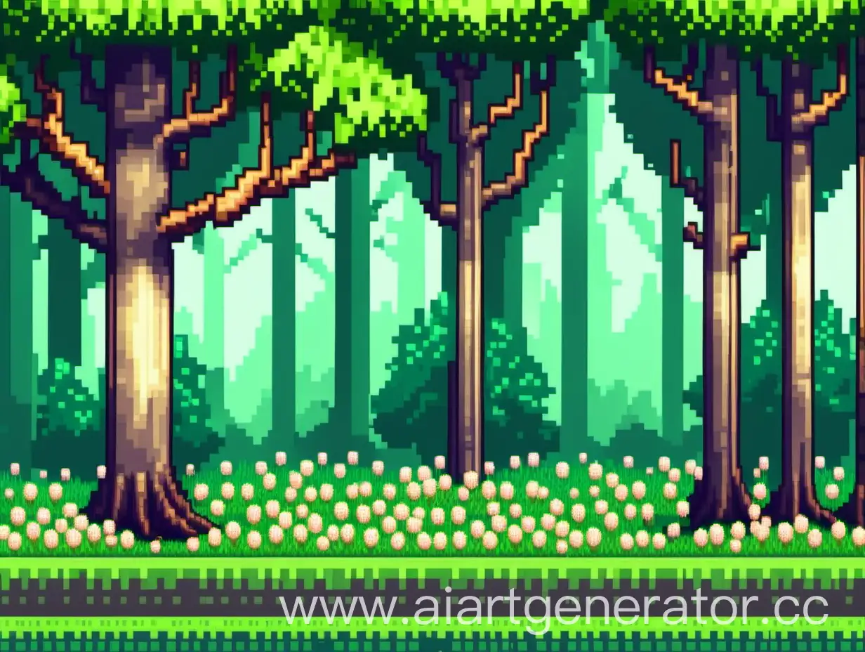 задний фон для игры, весенний лес, пиксель арт, вид сбоку