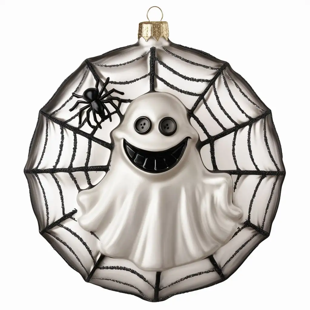 Round Flat Halloween Glass Ornament with Cute Ghost and Cobweb