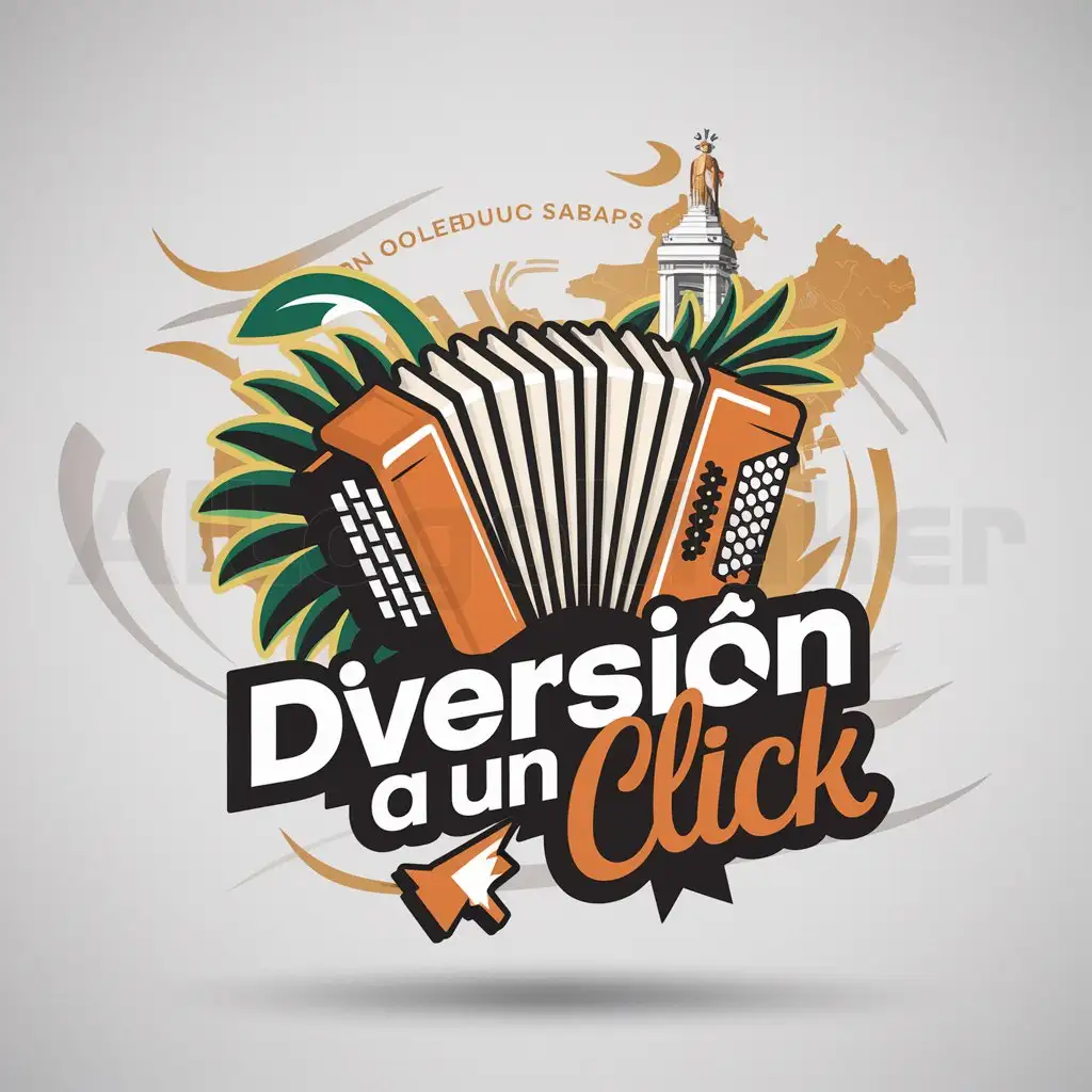 a logo design,with the text "Diversión a un Click", main symbol:Accordion: The accordion is strongly associated with vallenato music, a traditional musical genre from the Valledupar region.nVallenato Palm: A stylized vallenato palm can be a subtle but significant representation of the vallenato culture and region in general.nMonument to Our Lady of Consolation: This monument is a icon of Valledupar and could be an option to represent the religious and cultural identity of the city.nMap of Valledupar: A stylized map of Valledupar or of some emblematic place of the city could convey the idea of exploration and discovery that the application offers.nStylished click: A styled click or cursor can represent the idea of accessibility and ease of use of the application.,Moderate,be used in Travel industry,clear background