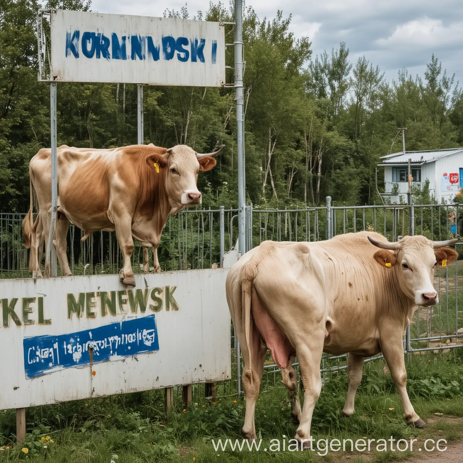 Cow-Standing-in-Front-of-Korenovsk-Sign