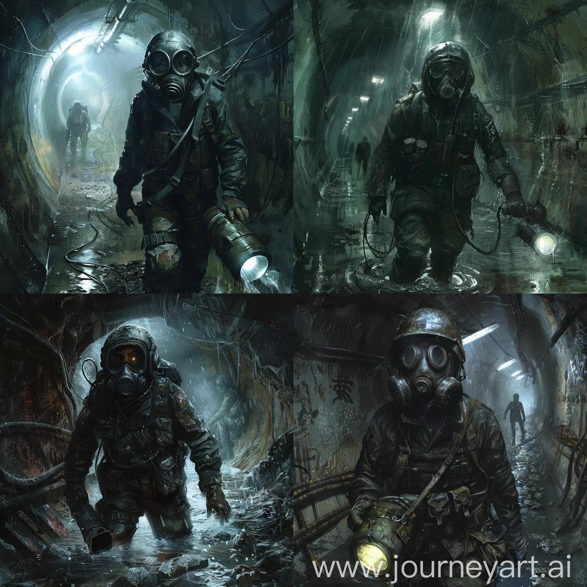 Metro 2033 art, a survivor in a Soviet tank helmet, in a gas mask, in overalls with a bulletproof vest, with a bandaged hand, in the stalker's hand a large searchlight flashlight similar to a box with a handle that the stalker is holding, in another gun, the survivor walks through the flooded catacombs of the radioactive subway, no light sources, complete darkness behind Gloomy catacomb walls in slime and pus.