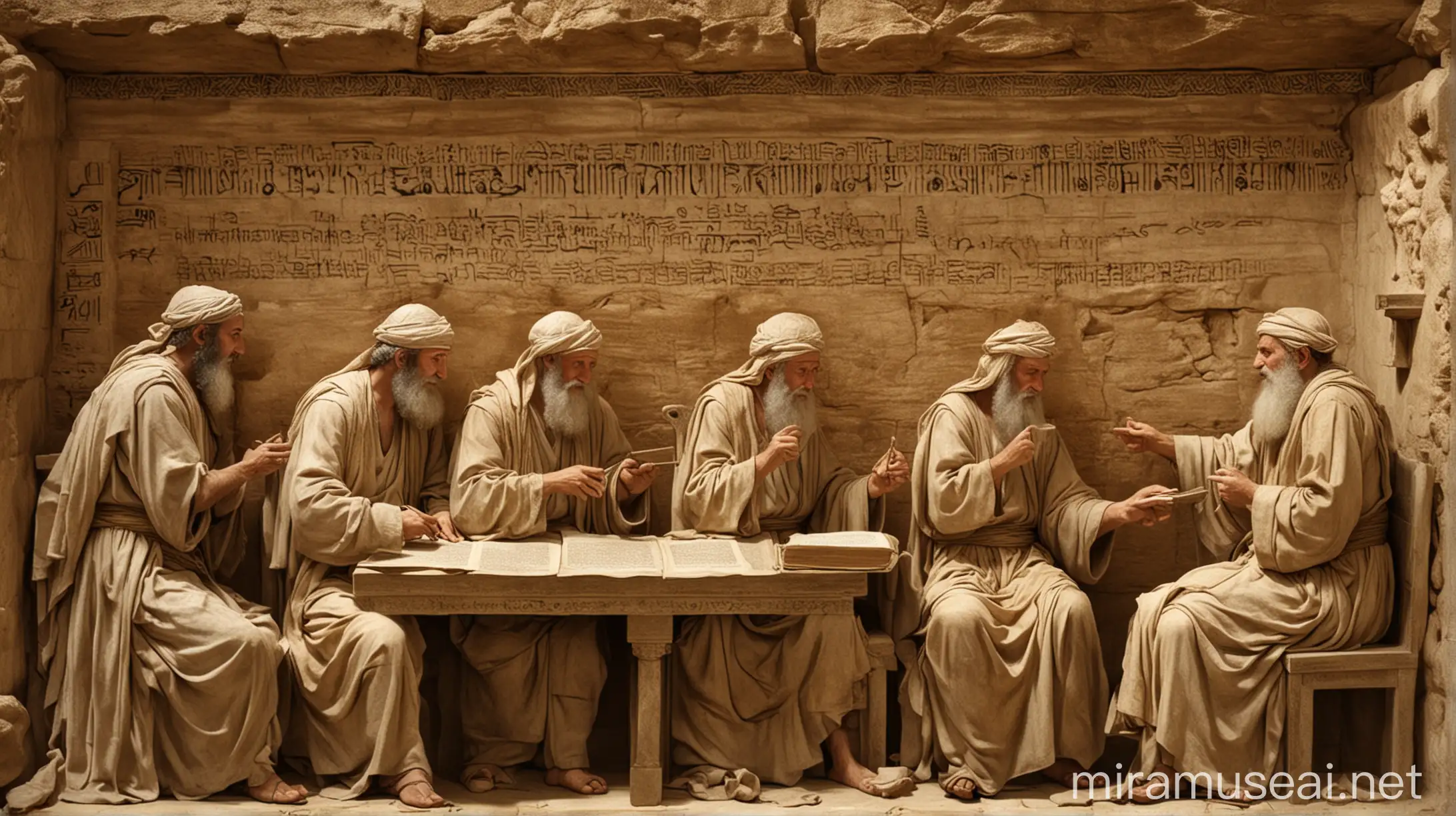 Ancient Jewish Scribes Writing Scrolls in Candlelit Room