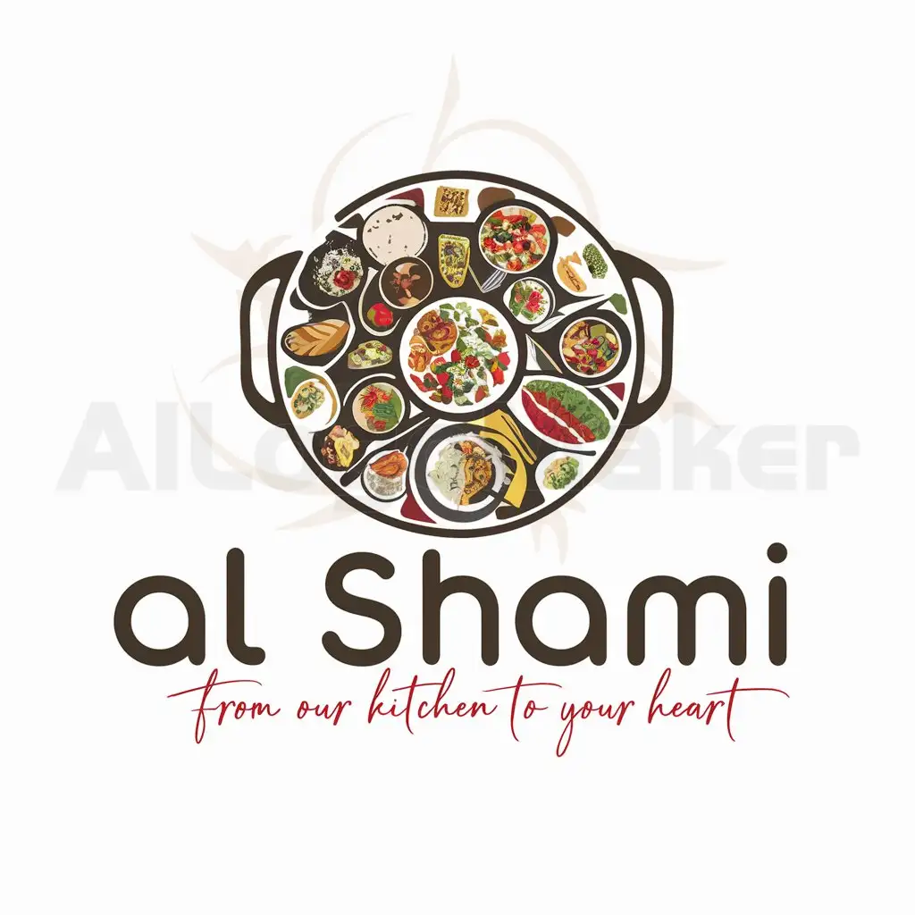 a logo design,with the text "AL SHAMInFrom Our Kitchen to Your Heart", main symbol:Syrian food / arabic food,complex,be used in Restaurant industry,clear background
