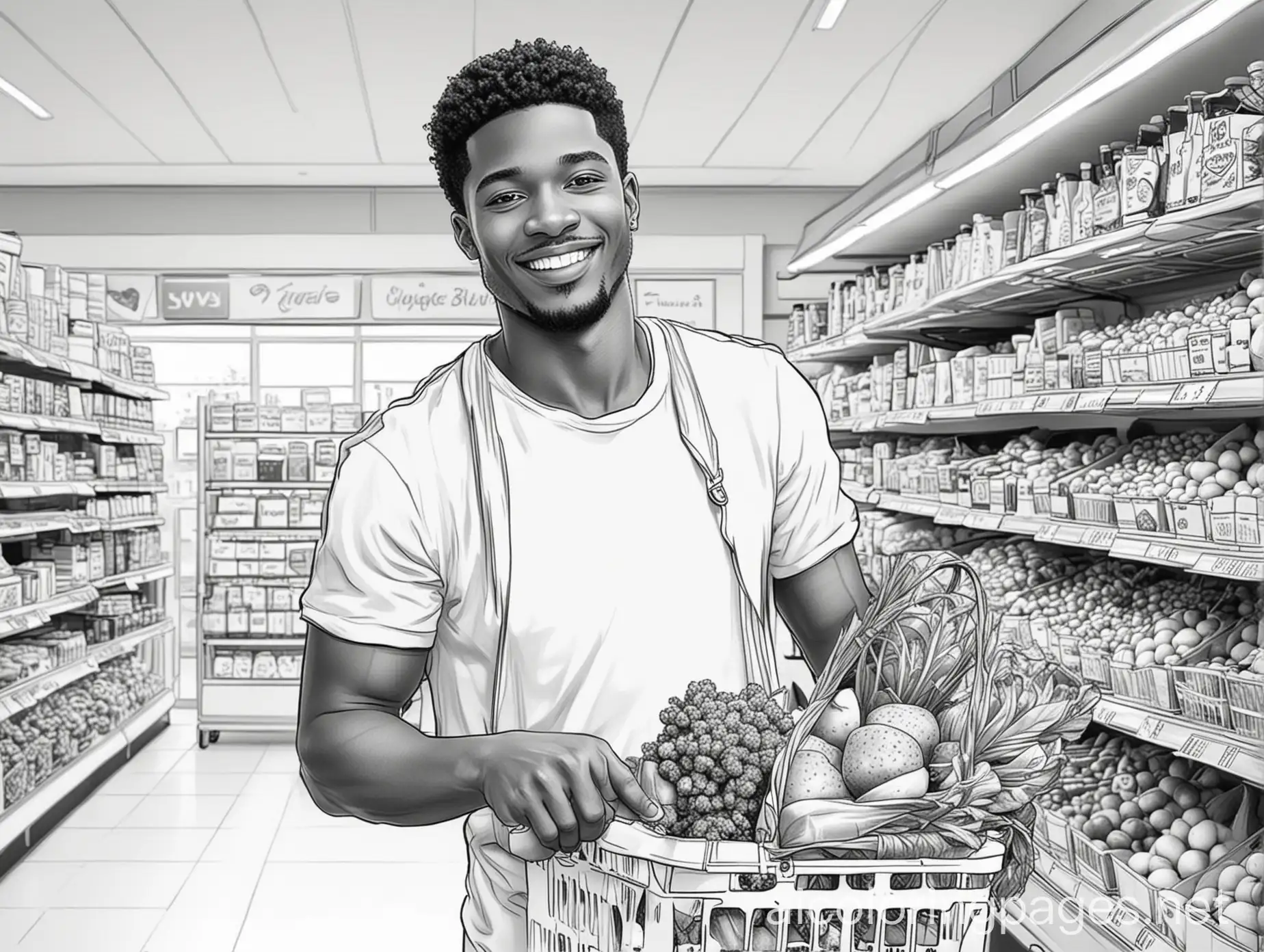 At the Supermarket: Happy Black Stylish Guy with Shopping Basket Shopping for Organic Fruits and Vegetables in the Fresh Produce Section of the Store., Coloring Page, black and white, line art, white background, Simplicity, Ample White Space. The background of the coloring page is plain white to make it easy for young children to color within the lines. The outlines of all the subjects are easy to distinguish, making it simple for kids to color without too much difficulty
