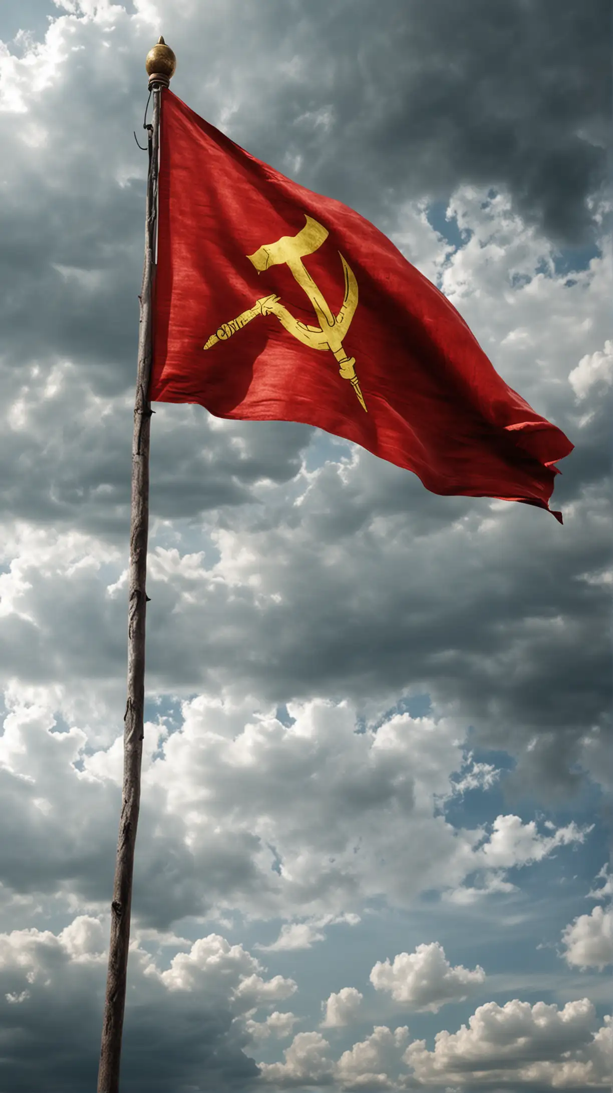 Soviet Flag: A high-resolution image of the iconic red Soviet flag with the hammer and sickle, fluttering in the wind against a cloudy sky. Add a caption explaining its significance as the symbol of the USSR. Hyper realistic