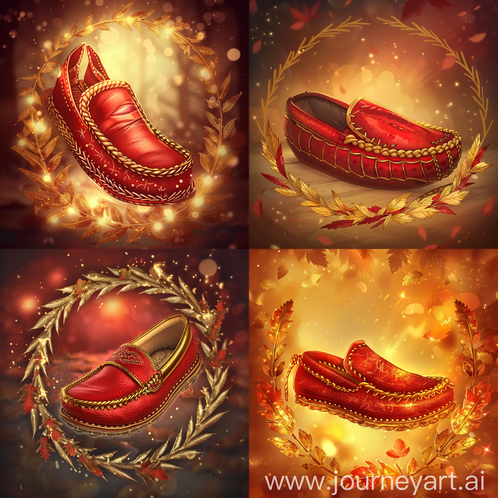 Elegant-Red-Moccasin-with-Golden-Trim-Surrounded-by-a-Luxurious-Wreath