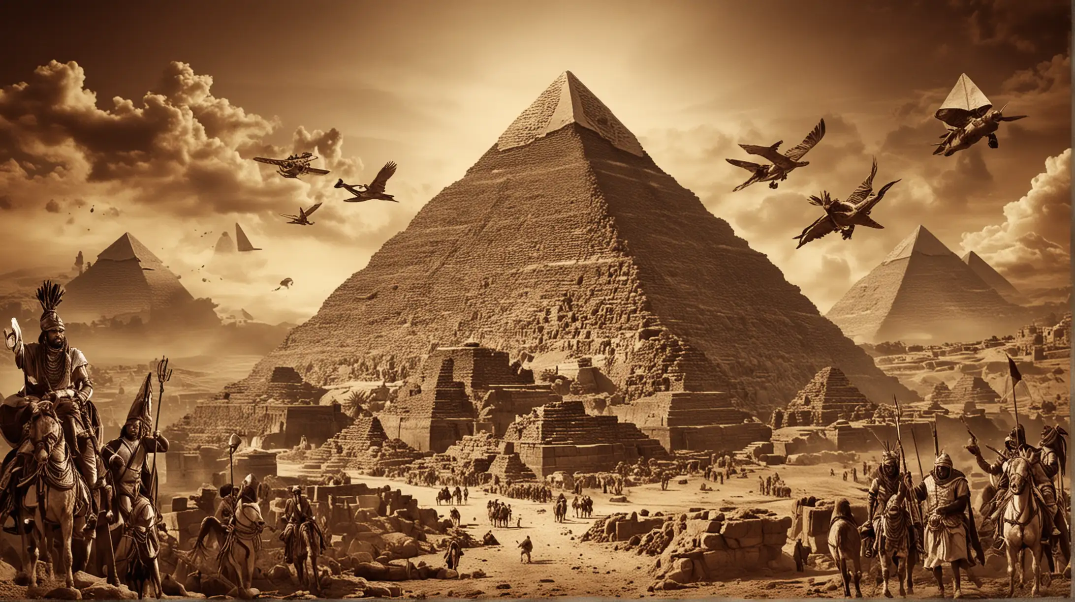Design a dynamic YouTube banner showcasing a vivid montage of pivotal historical moments, from ancient civilizations to modern revolutions. Incorporate iconic symbols, such as pyramids, castles, scrolls, and quills, to represent the diverse epochs explored on your channel. Enhance the visual impact with a subtle sepia tone overlay, creating a captivating fusion of the past and present.
