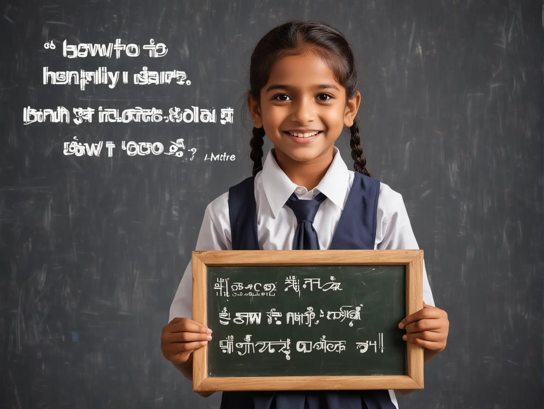 A Indian child wearing school uniform, holding a board, smiling happily. The board is clearly written in bold font, ‘HOW TO LEARNING HAPPILY GO&FIND ODA’