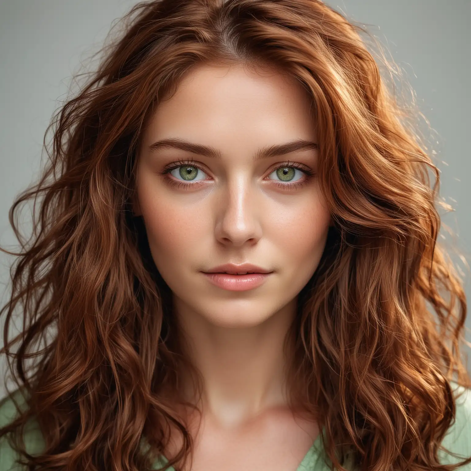 Portrait Gentle Attraction Woman with ReddishBrown Hair and Green Eyes