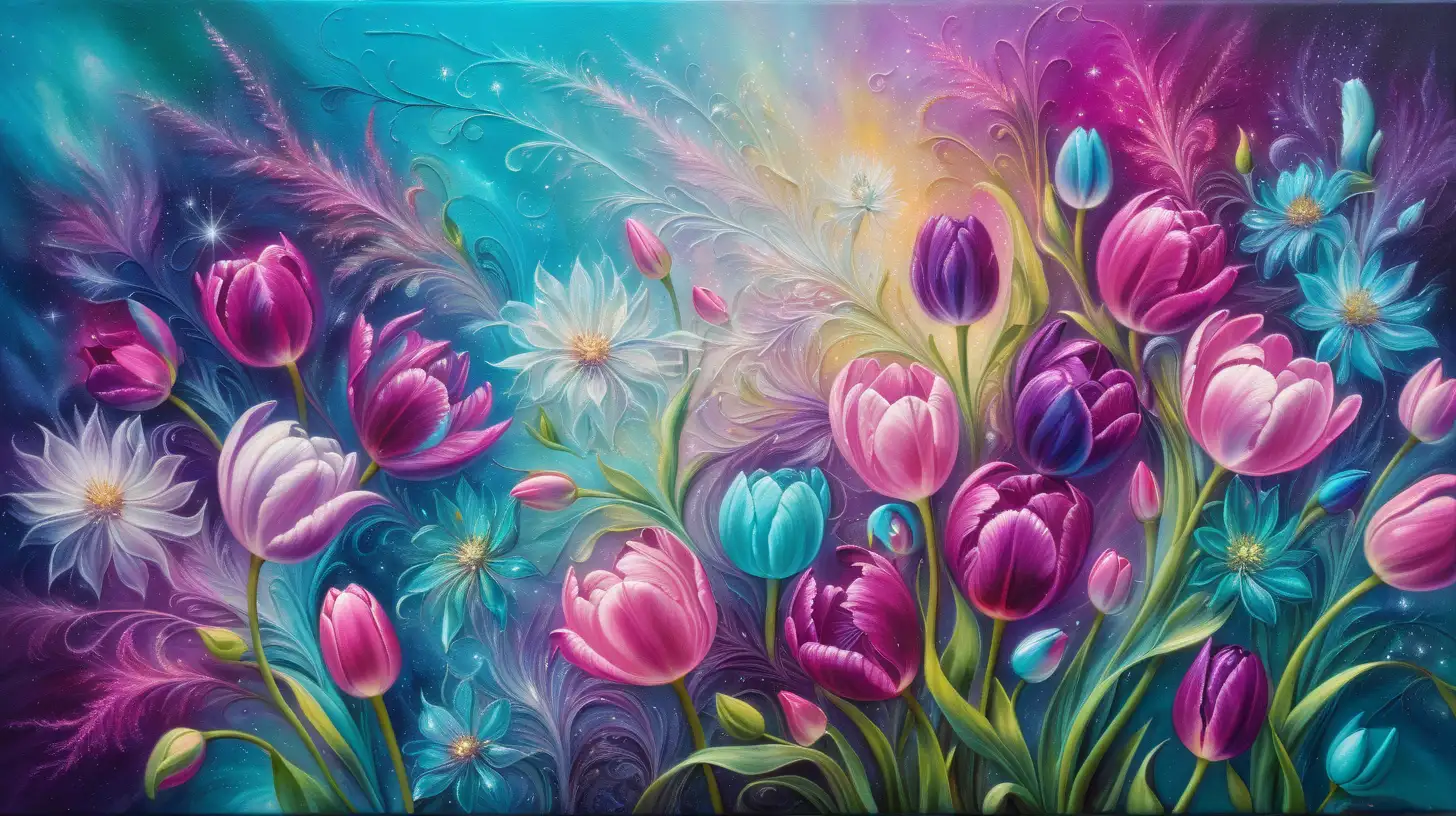 Luminescent Floral Symphony Vibrant TurquoiseNeon and Magenta Abstract Oil Painting