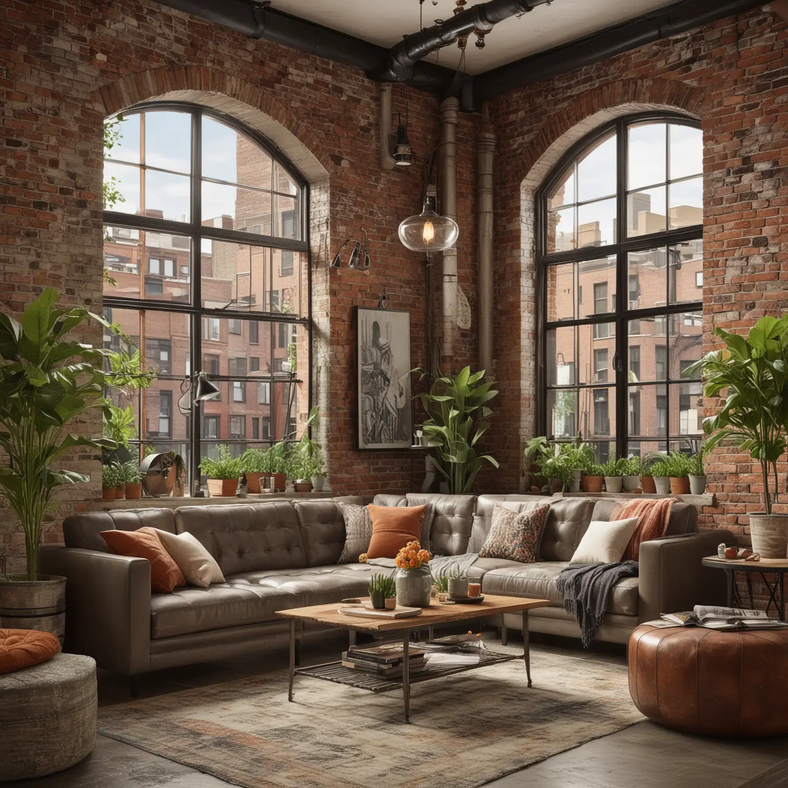 Urban Modern Vintage Living Room with Rooftop Garden Views: Create a spacious and contemporary urban living room with vintage elements like sleek furniture, exposed brick walls, and industrial-style lighting fixtures. Large windows should overlook a vibrant rooftop garden, adding a touch of nature to the urban setting. Decorate with vintage-inspired artwork and accessories for character.