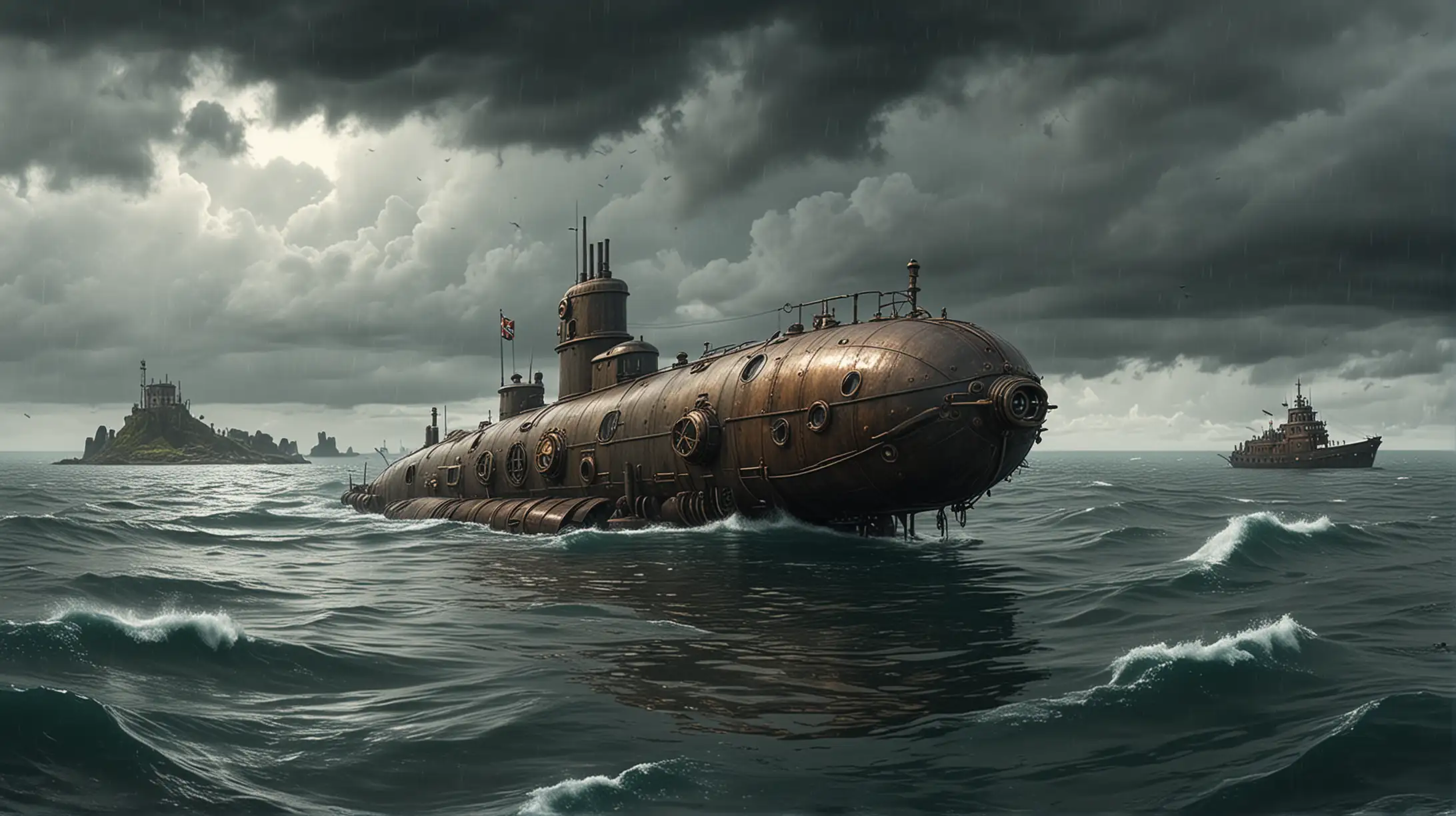 a steampunk submarine on the surface of a troubled sea, small island with a village visibe on the horizor, cloudy and rainy