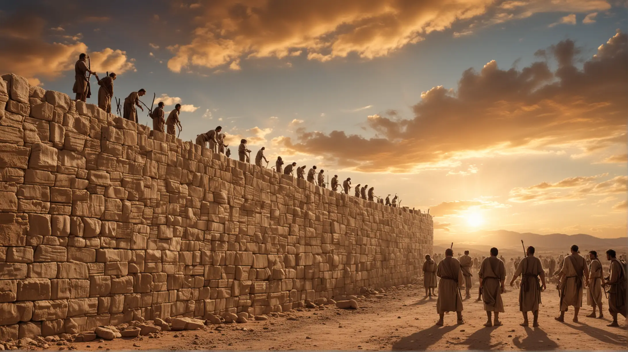 Several men building a wall a wall in a desert city with a magnificent sky in the background. Set during the biblical era.