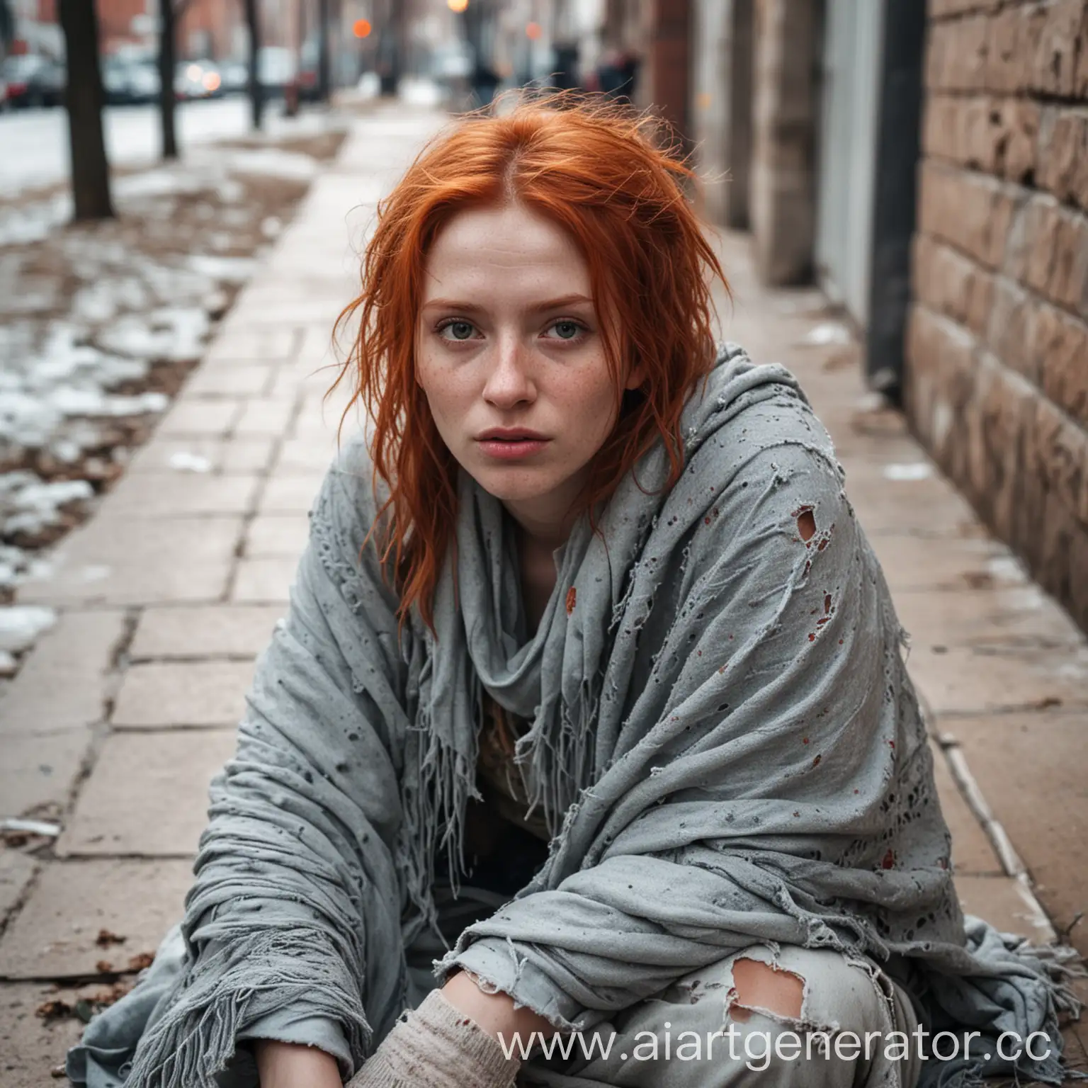 Рыжая девушка с порванной одеждой, грязная, с растрепанными волосами, укрытая в плед сидит на тротуаре в холодную погоду