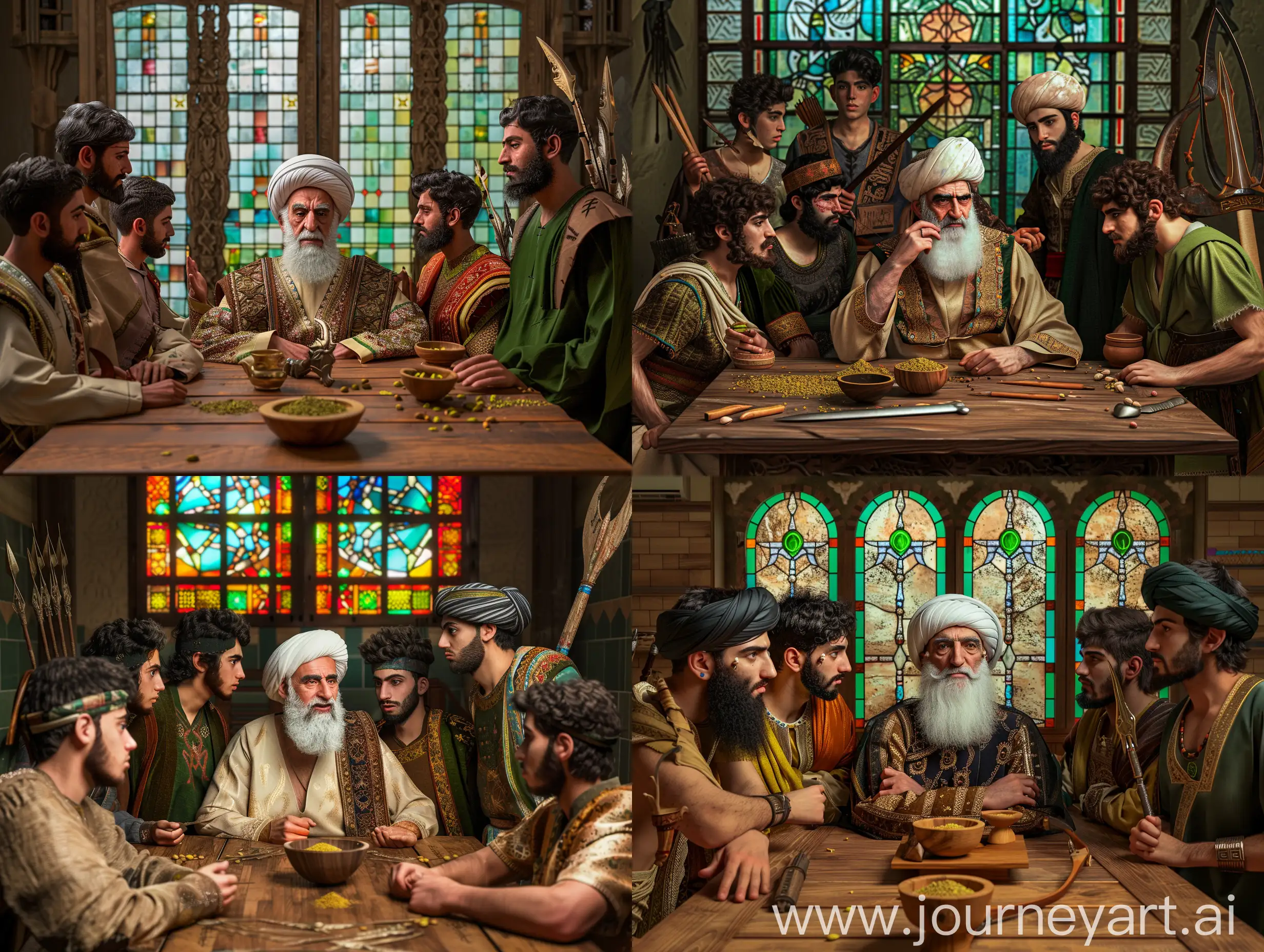 In a traditional house in ancient Iran with stained glass, a middle-aged man with a white beard is sitting behind a wooden table with seven young men, the middle-aged man with a white beard is wearing a traditional Persian dress and wearing a hat shaped like a lion's head. He is thinking and the men are talking and discussing with him, one of the seven young men has a black beard and a trident in his hand and traditional clothes, another young man has a bow on his back and a short beard. And the traditional dress, another young man has two swords on his back, and the Persian traditional dress, the other young man has a beard, and the ancient Iranian blacksmith dress, the other young man has a sword on his back, and another young man has a beard, and the green traditional dress And another young man has a beard and is thinking, on a wooden table there is pistachio powder in a wooden cup, make me a real photo with fine details and hight resulation
