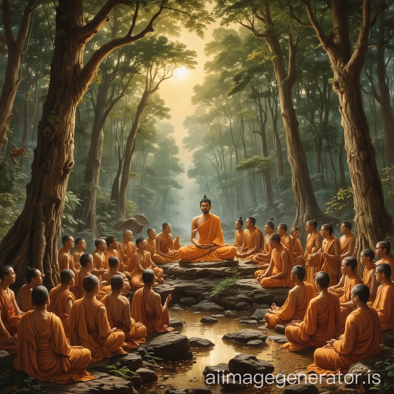 depiction of Siddhartha Gautama teaching to disciples in the forest, deep in thought.