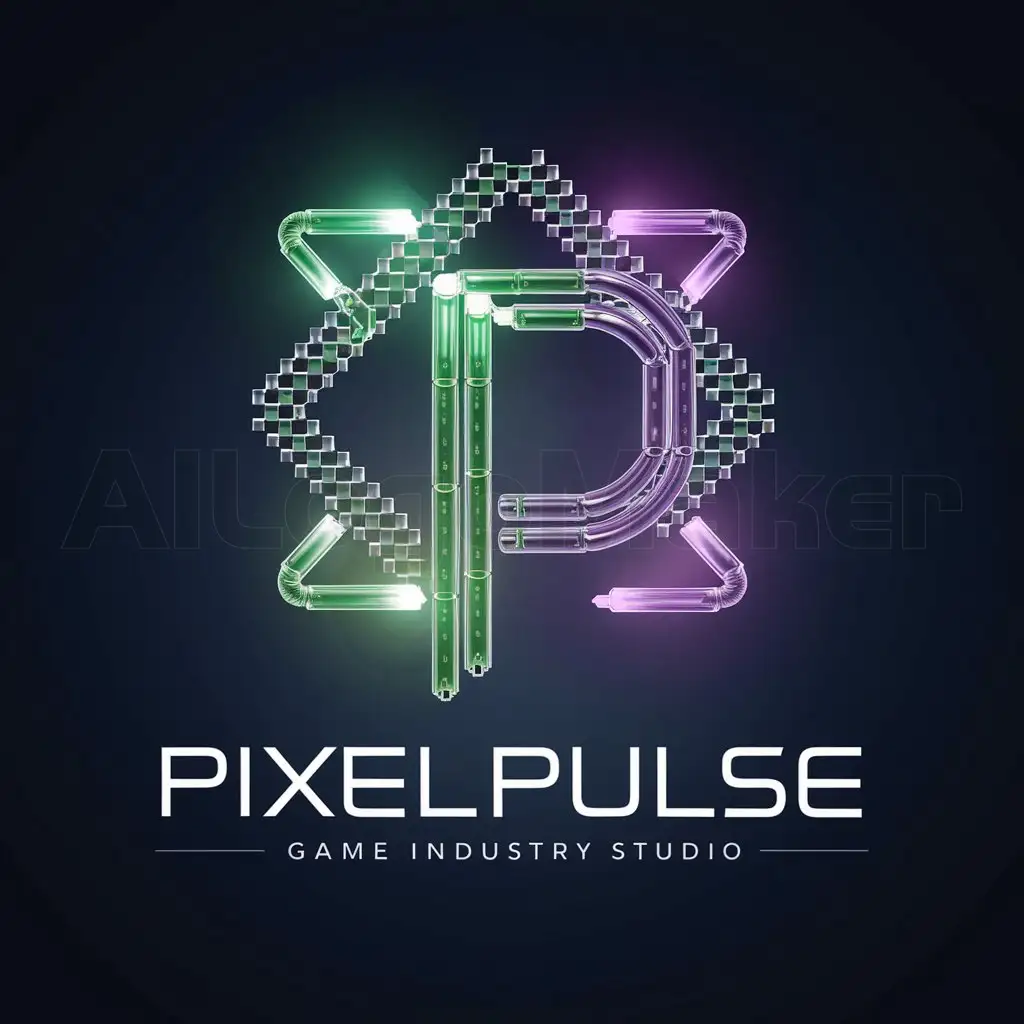 a logo design,with the text "PixelPulse", main symbol:flags with a center element being a pattern of a pixel and pulse symbol, using glowing green and purple tubes, forming the studio's first letter ‘P’. The background uses deep blue, to emphasize professionalism and reliability. Overall design is achieved through high contrast colors and pixel art style,complex,be used in game industry,clear background