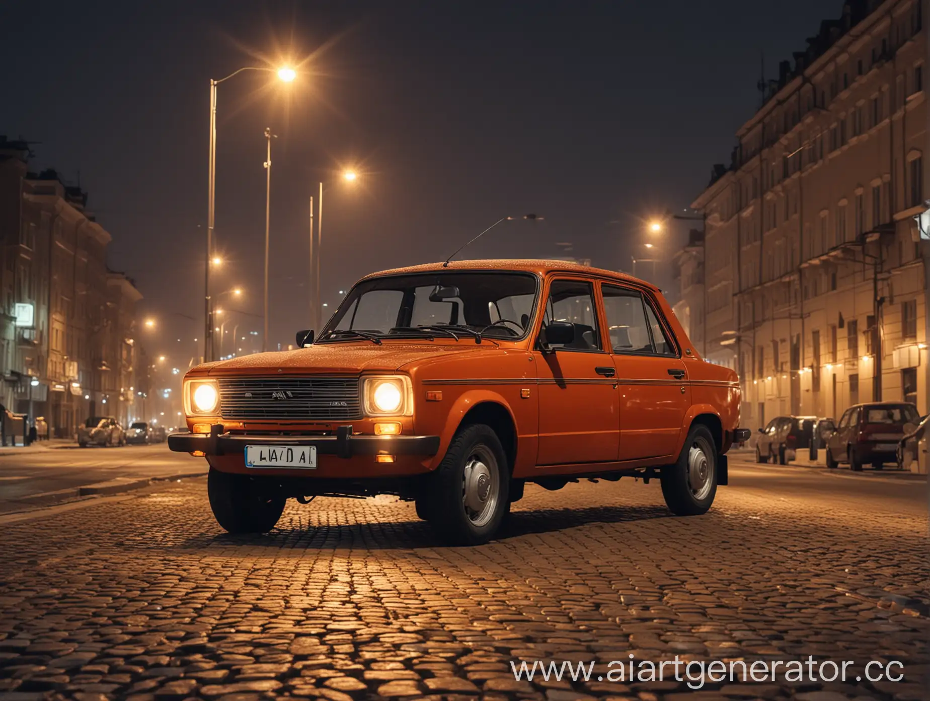 Lada-Car-Parked-in-Illuminated-Night-Cityscape