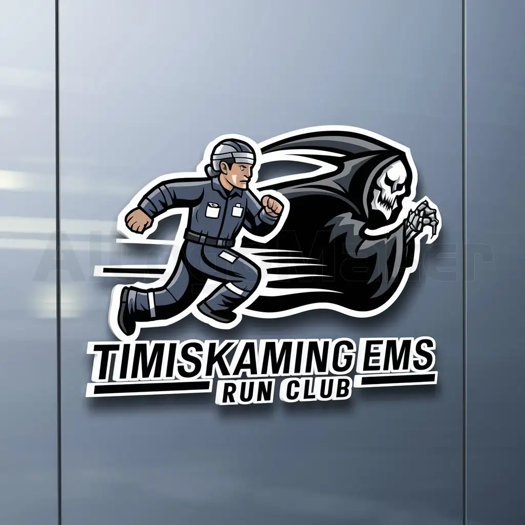 a logo design,with the text "Timiskaming EMS Run Club", main symbol:A paramedic running from the grim reaper,Moderate,be used in Sports Fitness industry,clear background