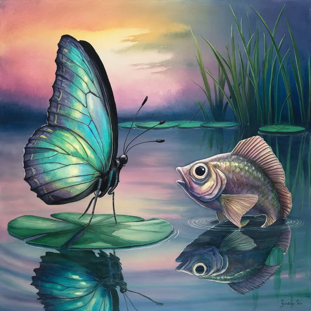 蝶在水上和魚相望