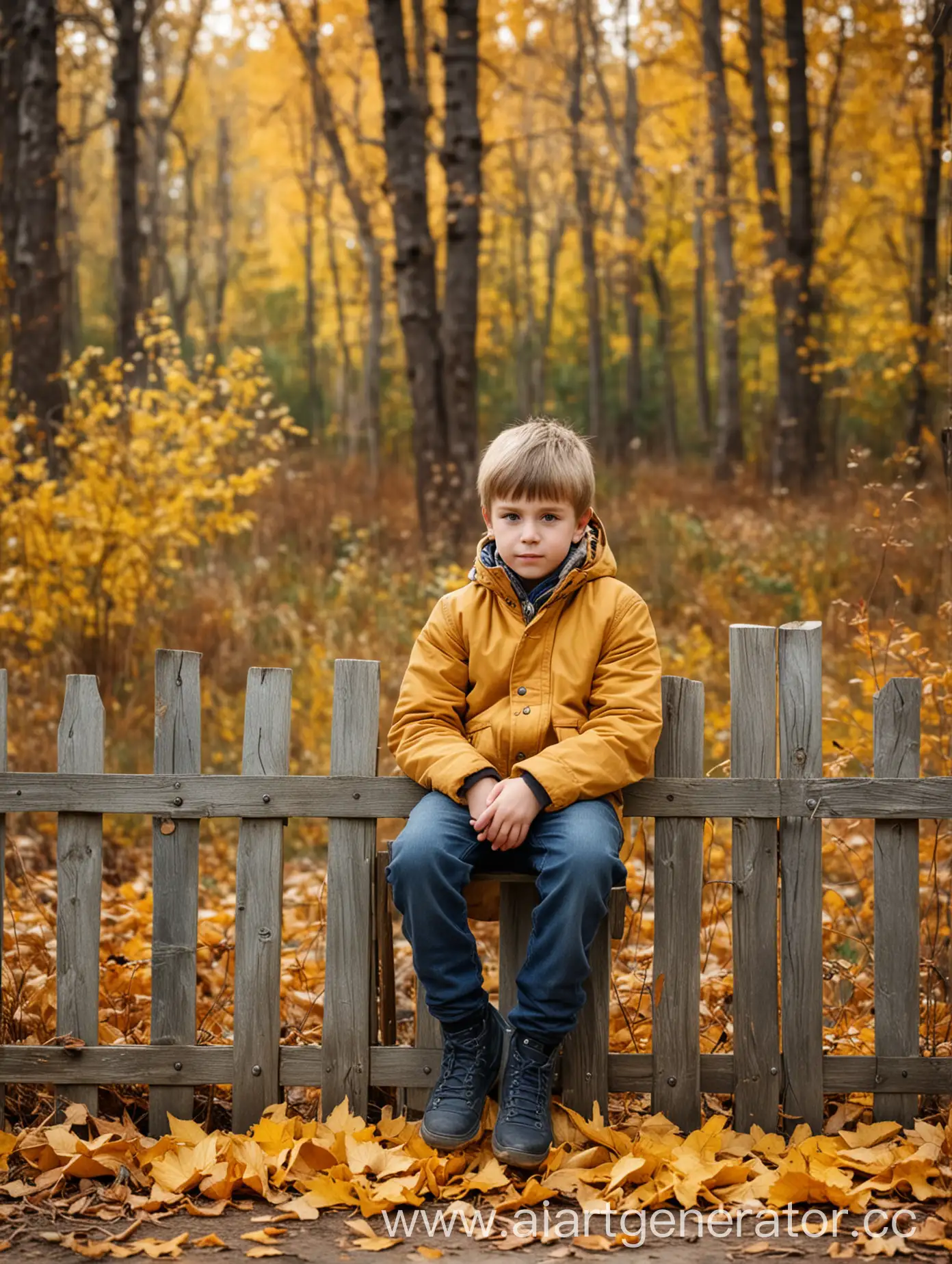 Мальчик сидит на деревянном горизонтальном  заборе, на фоне осенний лес, фон сильно размыт, по бокам осенние кусты с желтыми листьями