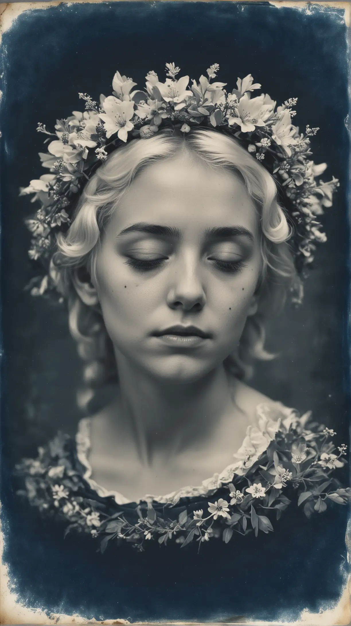 A cyanotype daguerreotype of young woman with white hair wearing a wreath of flowers on her head, deep in thought with eyes closed , facing front onto the camera, 