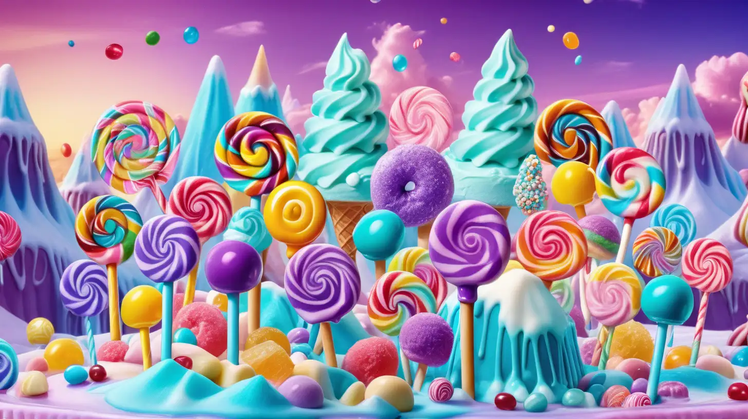 Whimsical candy wonderland. Lollipops by a magical bright-turquoise-sugar river surrounded by candy and gummies and ice creams. Jelly beans, gum drops, skittles and candy in the middle of ice cream-cake-mountains. Purple. Blue. 8K. bright-yellow, and purple sky with cotton-candy clouds and sugar rainbows.