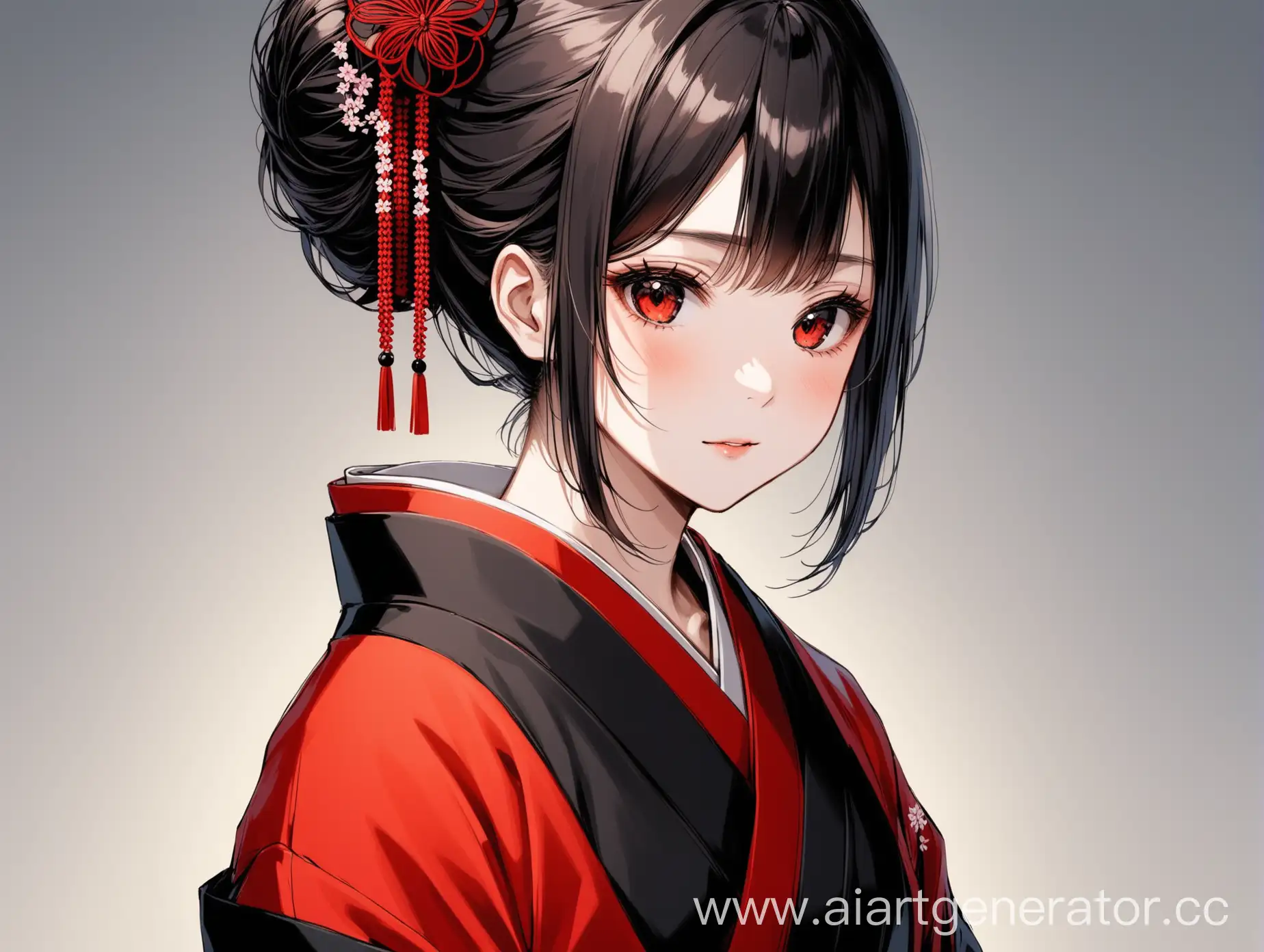 Girl-in-Elegant-Red-and-Black-Kimono-Standing-Serenely